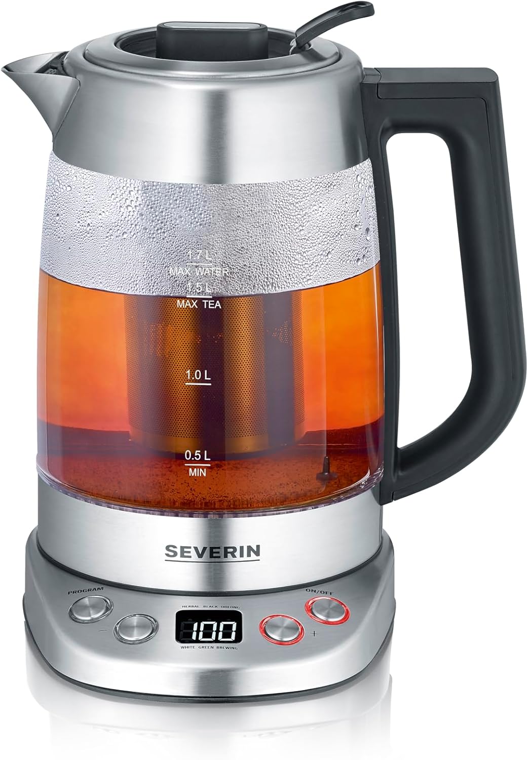SEVERIN Glass Tea & Kettle Deluxe, Tea Maker with Adjustable Temperature and Brewing Time, with 5 Tea Programs and Warming Function, Max. 1.7 L of Water, 3000 W, Stainless Steel, WK 3480