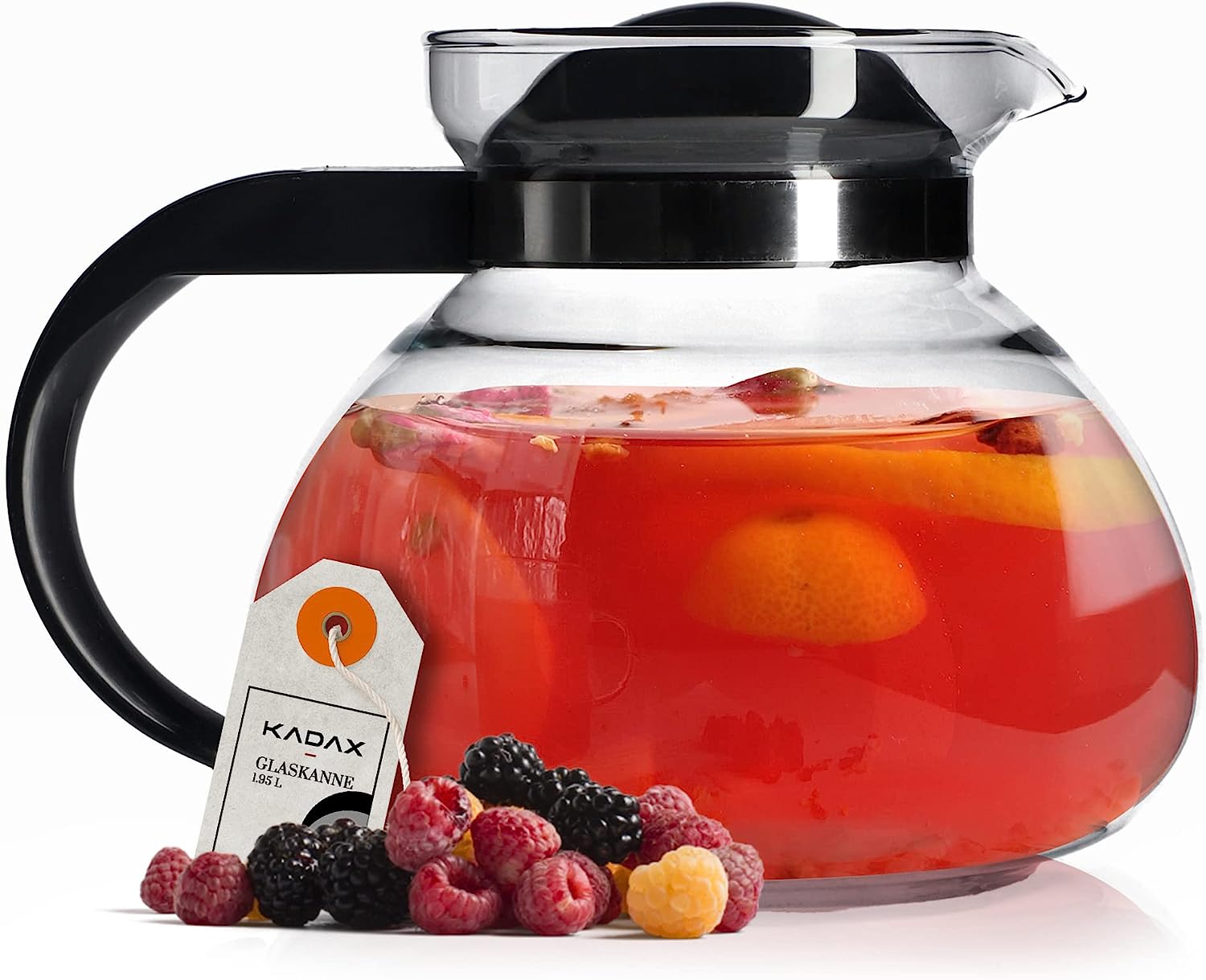 Kadax Glass Jug, 1.95 l, Fireproof Teapot Made of Borosilicate Glass, Plastic, Large Jug with Lid, Tea Jug for Drinks, Coffee, Tea, Juice, Water, Heat Resistant (Anthracite)