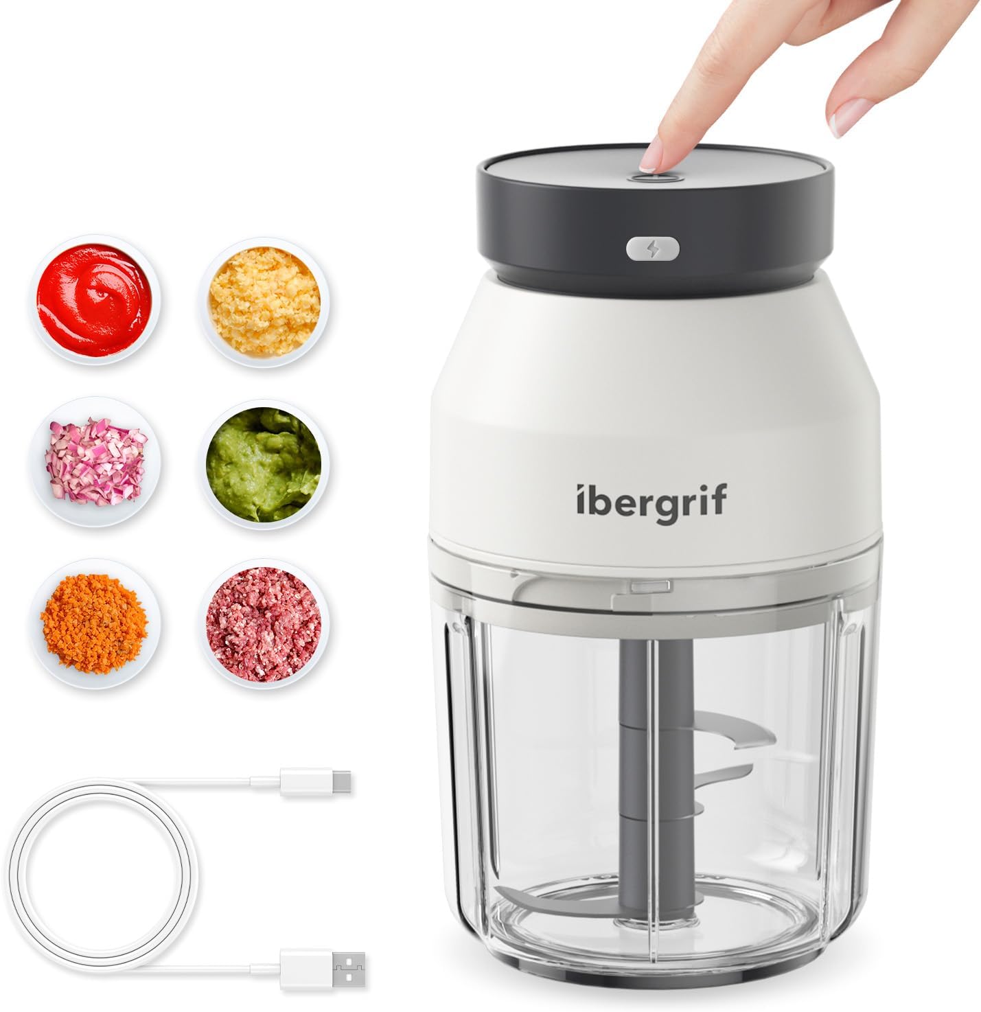 Ibergrif M503 Electric Multi Chopper 400 ml, USB Charging, Portability Onion Cutter, Electric, Universal Chopper for Meat, Nuts, Fruit, Vegetables