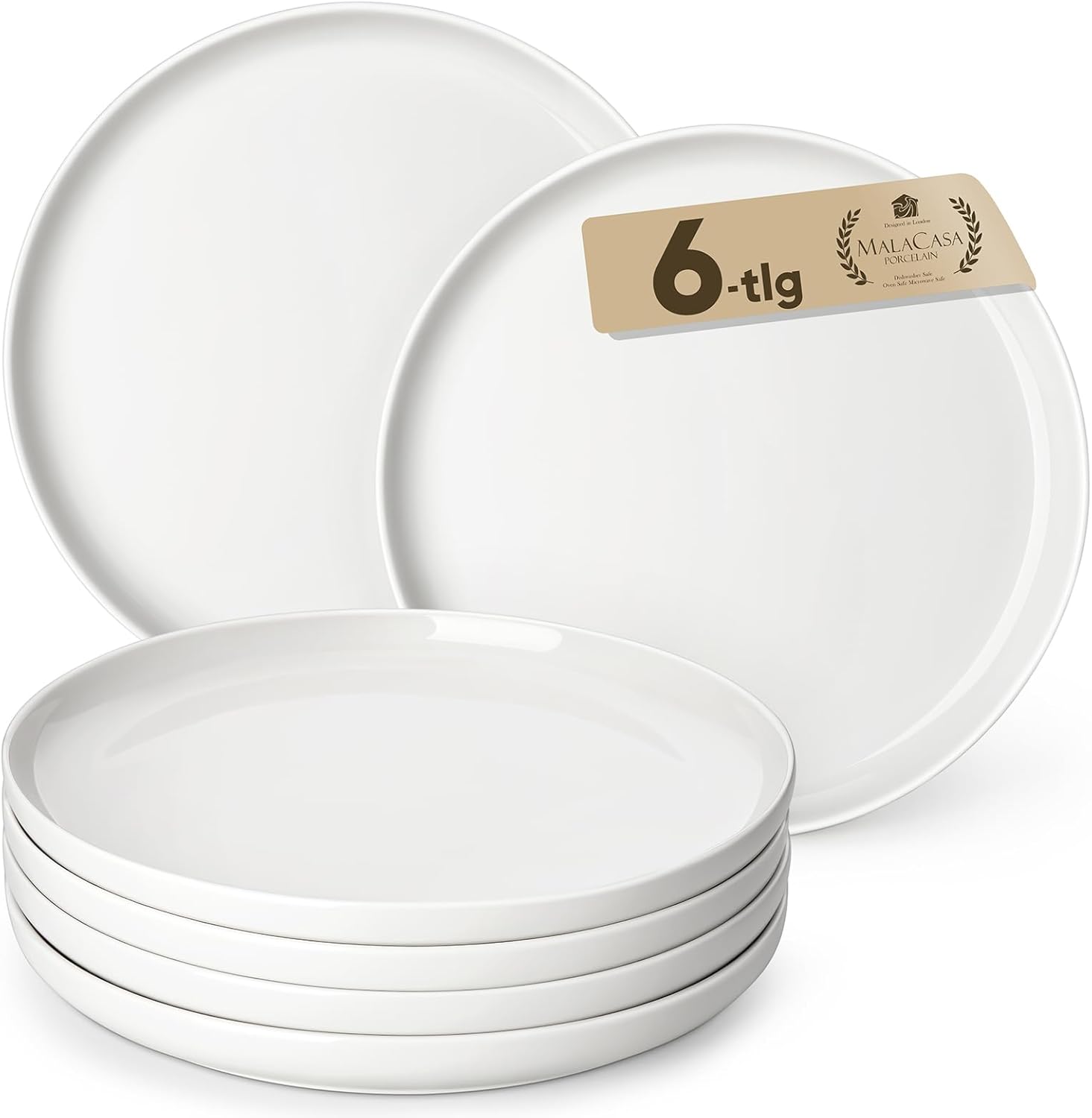 MALACASA Luna Large Plate for 6 People, Diameter 26 cm Dinner Plate Made of White Porcelain, Plate Set, Tableware for Dishwasher and Microwave, Serving Plate with Raised Rim