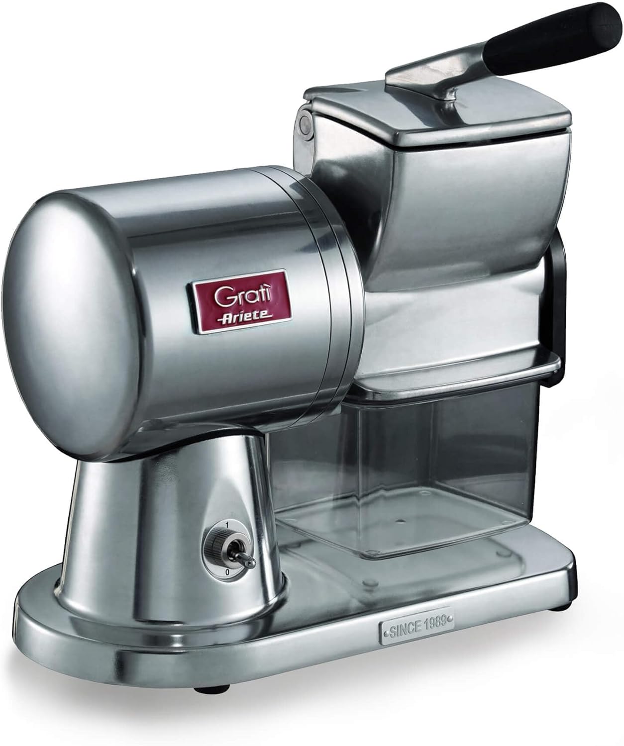 Ariete 449 Gratì Superior Professional Die-Cast Aluminium Electric Grater for Cheese, Bread, Chocolate, Dried Fruit, 350 Watt, Brushed Gloss Silver