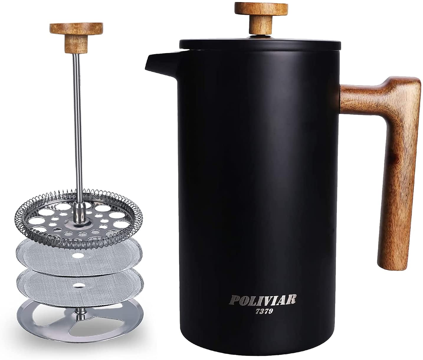 POLIVIAR 7379 Poliviar French Press Coffee Machine, 30 oz Coffee Press with Teak Wood Handle, Double Wall Insulation and Double Filter Sieve, Food-Grade Stainless Steel for Good Coffee and Tea (Vintage)
