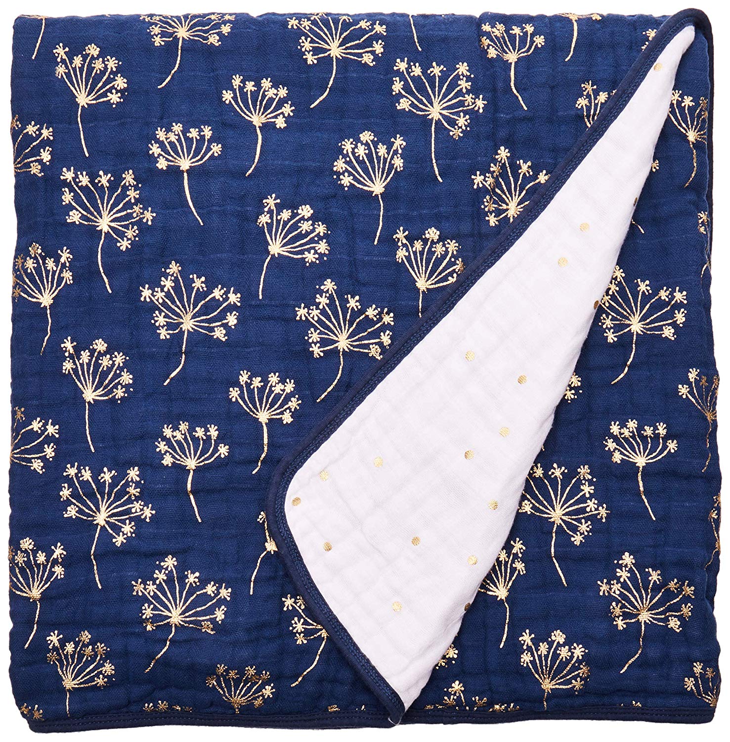 aden + anais Dream Blanket, 4 Layers, 100% Cotton Muslin, 120 cm x 120 cm, Metallic Gold Deco Dandelion