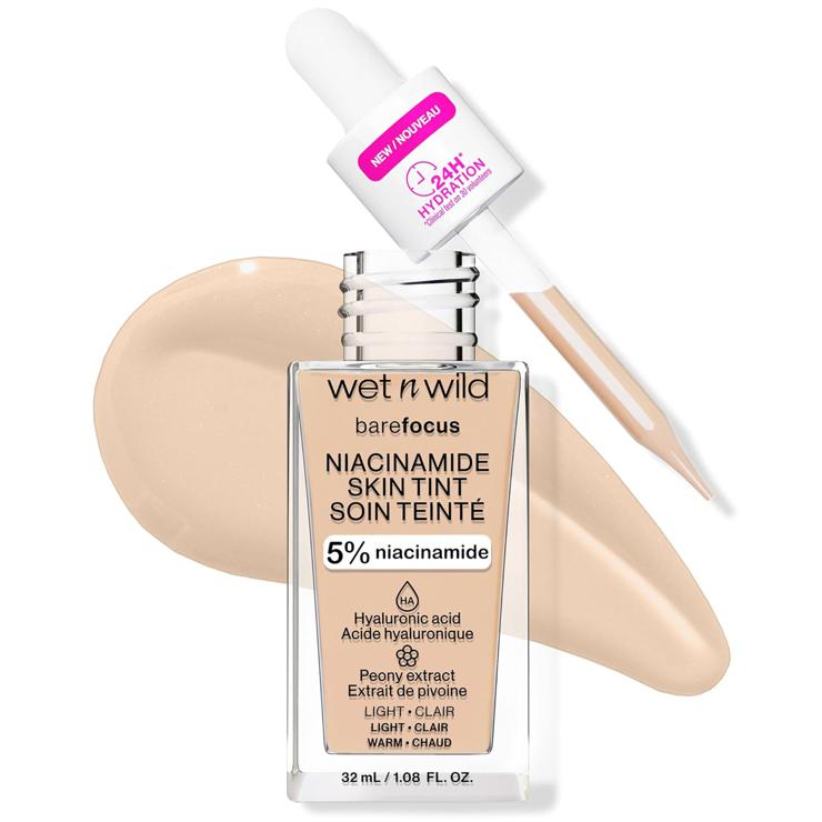Wet n Wild Bare Focus Niacinamide Skin Tint, lightweight foundation with buildable formula, enriched with hyaluronic acid and vitamin E for a radiant look, light