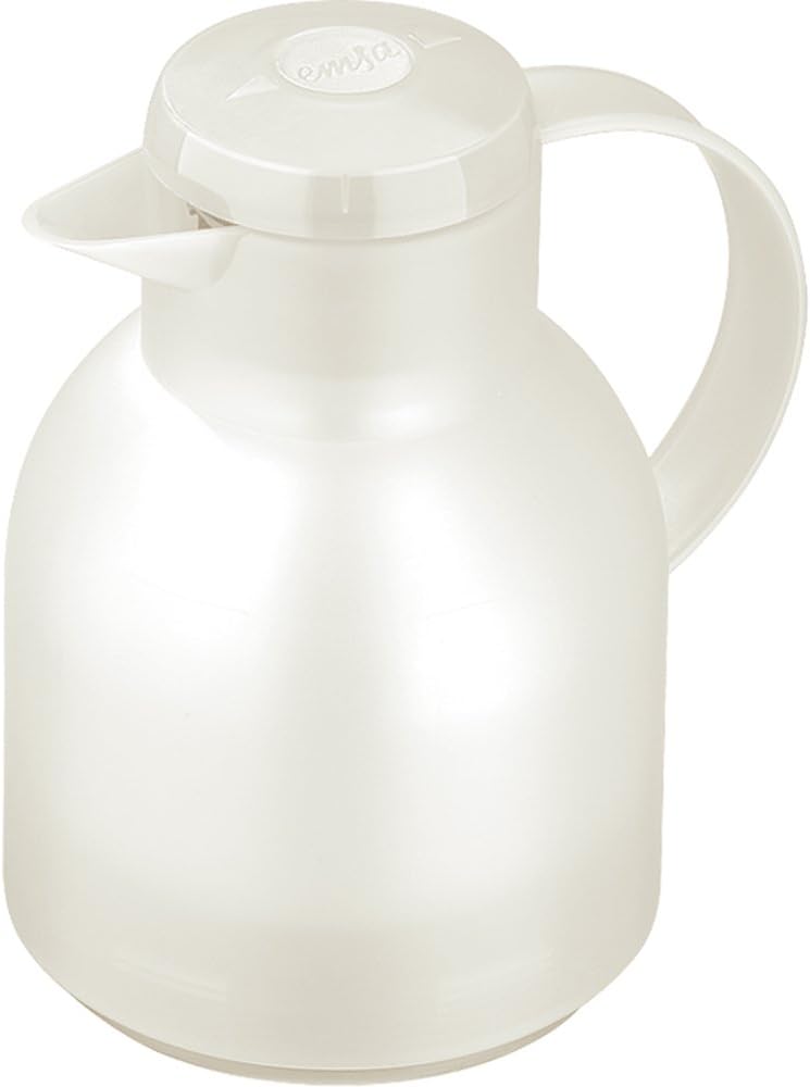 Emsa Samba 504687 Insulated Jug, 1 Liter, Quick Press Closure, 100% Leak-Proof, 12 Hours Hot, 24 Hours Cold – Translucent White, Plastic