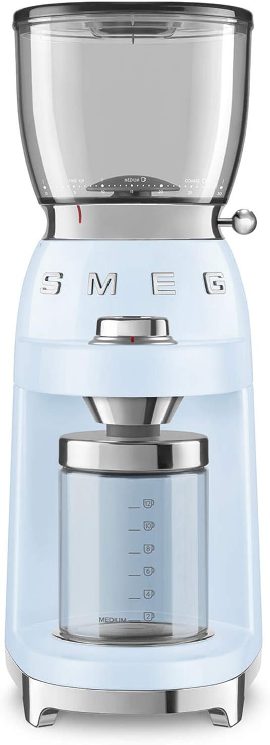 SMEG, Coffee Grinder CGF01PBEU, Conical Stainless Steel Grinder, 30 Grinding Settings, 350 g Coffee Bean Container, Premium Die-Cast Aluminium Housing, 150 W, Blue