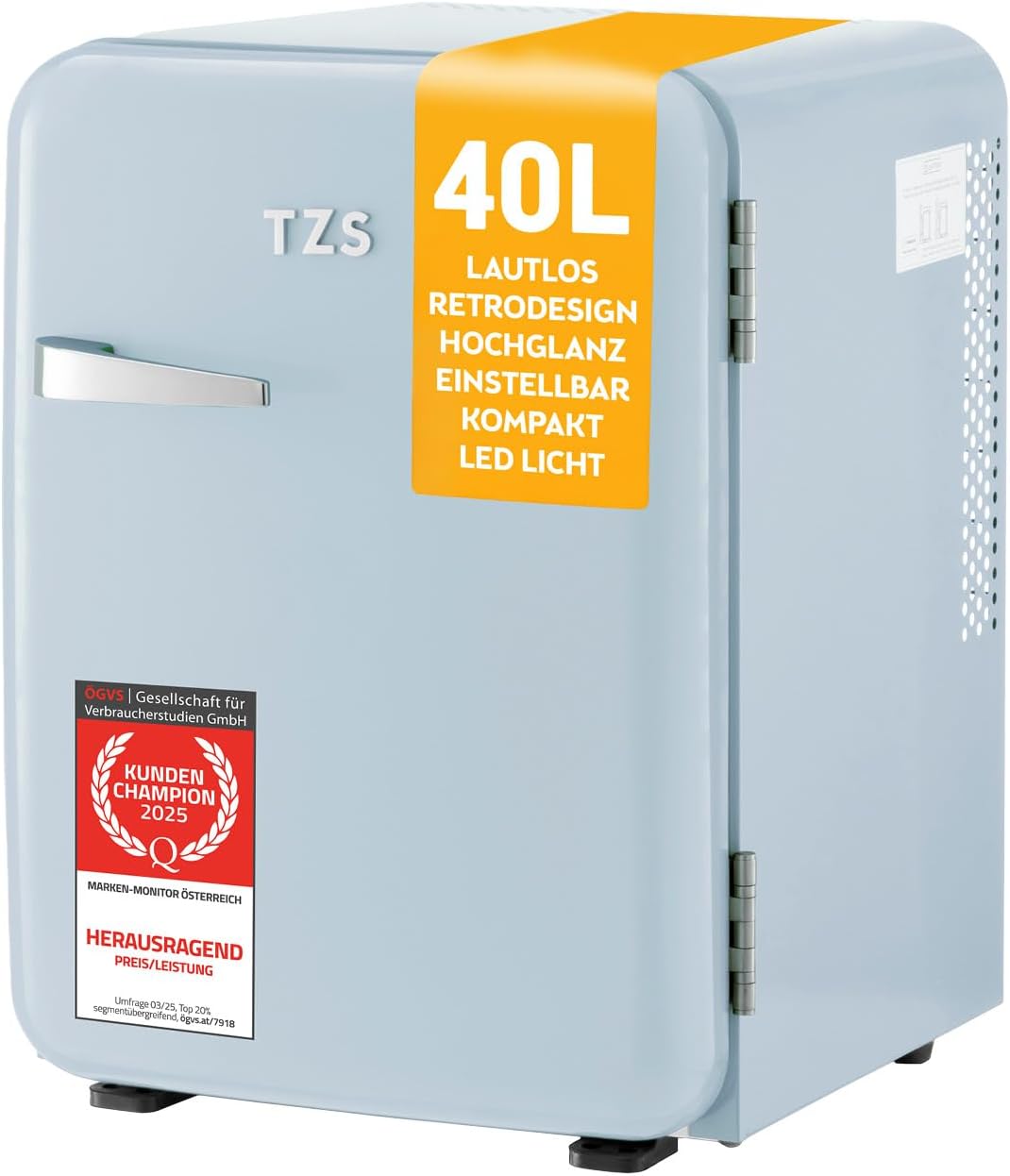 TZS First Austria - Retro Mini Fridge 40 L Silent - Small Mini Fridge in Vintage Design with Interior Lighting and 2 Door Compartments - Mini Bar for Camping, Office, Bedroom & Hotel - Light Blue