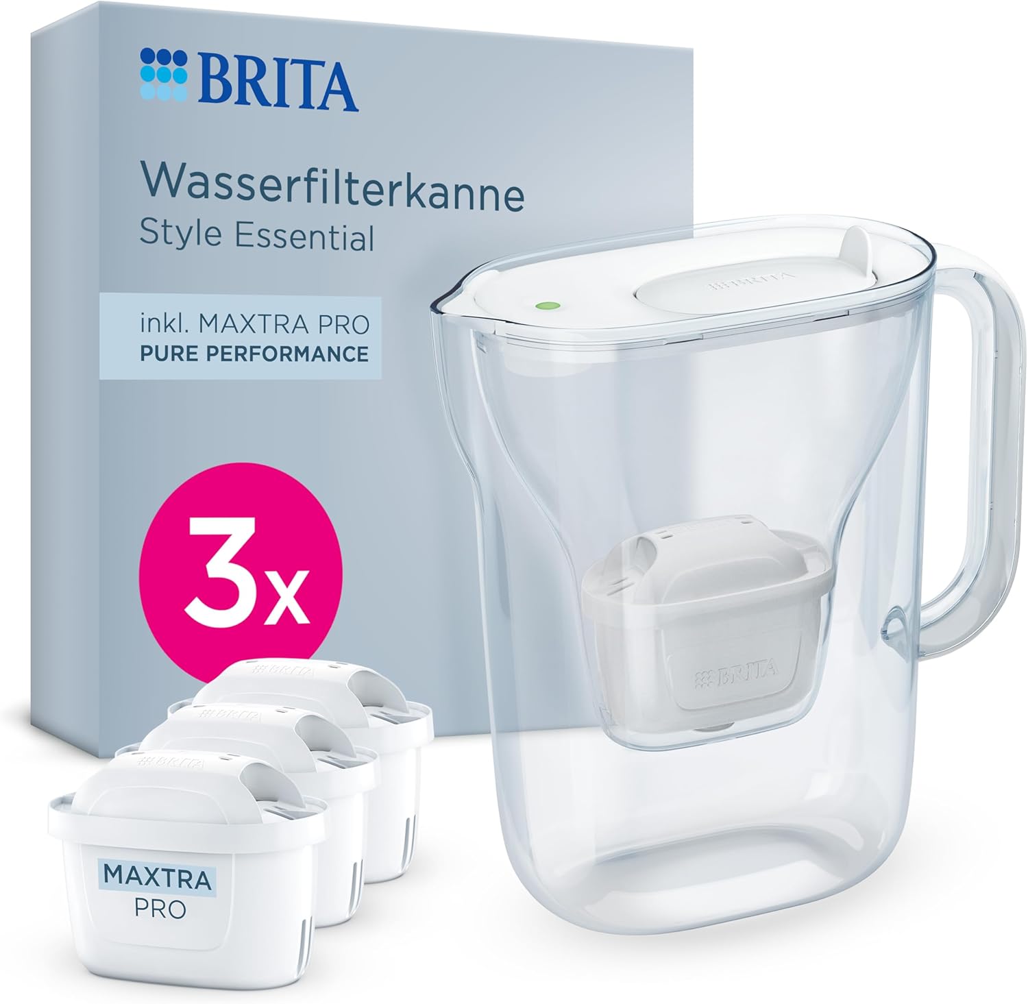 BRITA Style Essential Water Filter Jug White (2.4L) Including 3x Brita Maxtra Pro Pure Performance - Refrigerator Safe Jug with Smart Light LED & Folding Lid, Filters Impurities & More