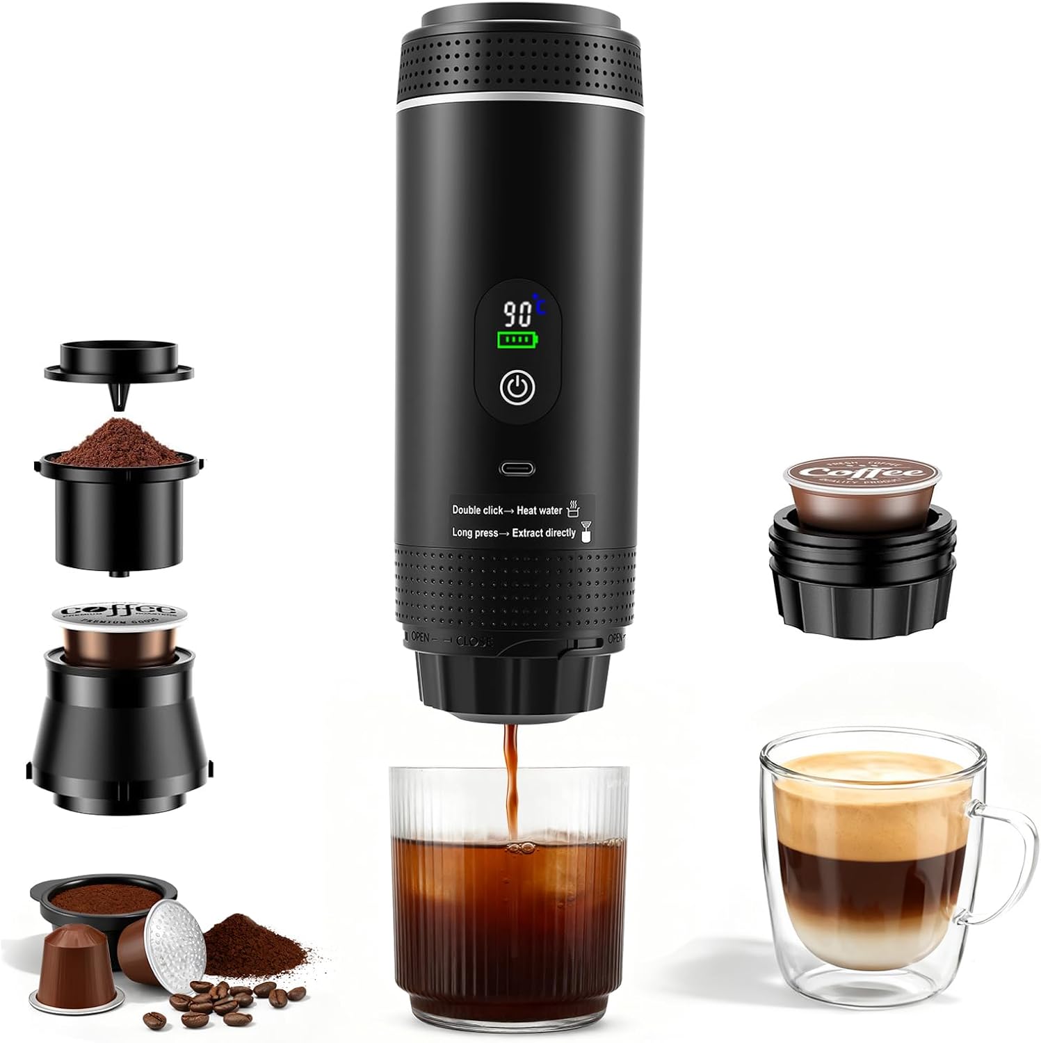 Portable Coffee Machine, 3-in-1 Battery Coffee Machine with Electric Self-Heating via USB - C, Compatible with Capsule & Ground Coffee, Mini Espresso Machine for Camping, Car, Travel (Black)