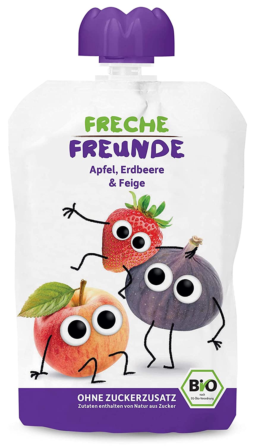 FRECHE FREUNDE Bio Quetschie Apfel, Erdbeer & Feige, Fruchtmus im Quetschbeutel für Babys ab 1. Jahr, glutenfrei & vegan, 6-er Pack (6 x 100g)