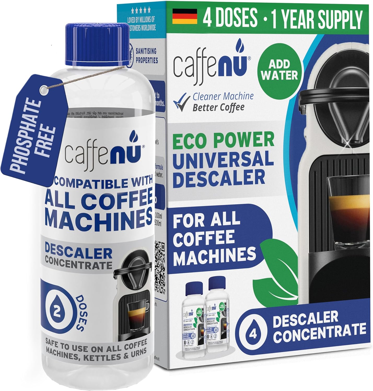 Caffenu Universal Eco Descaler Compatible with Nespresso, Tchibo Caffissimo and More, All-Round Care for 1 Year, 400 ml, 4 Applications