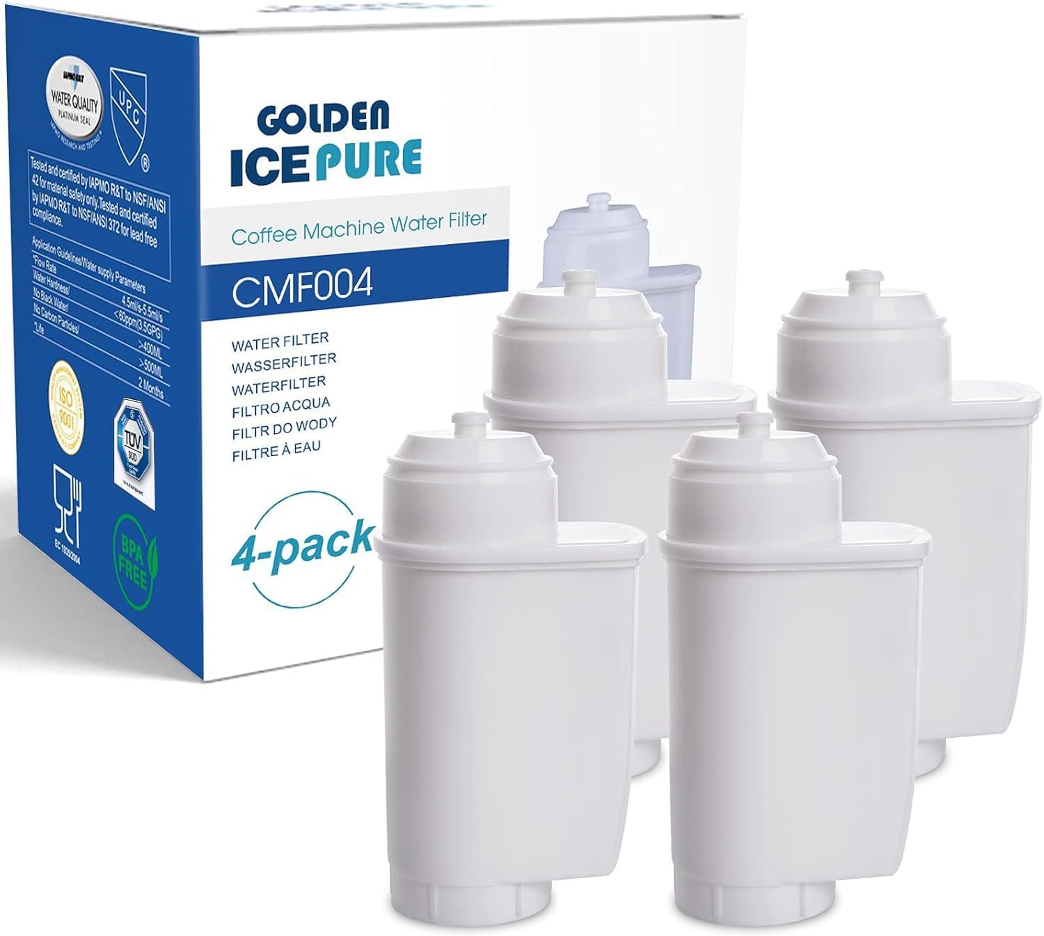 GOLDEN ICEPURE Water Filter for Coffee Machine, Compatible with Siemens® EQ Series Water Filters, EQ3/EQ6/EQ9, EQ500, S700, Brita® Intenza 575491, Bosch® TCZ7003, TCZ7033, NSF Certified, Pack of 4