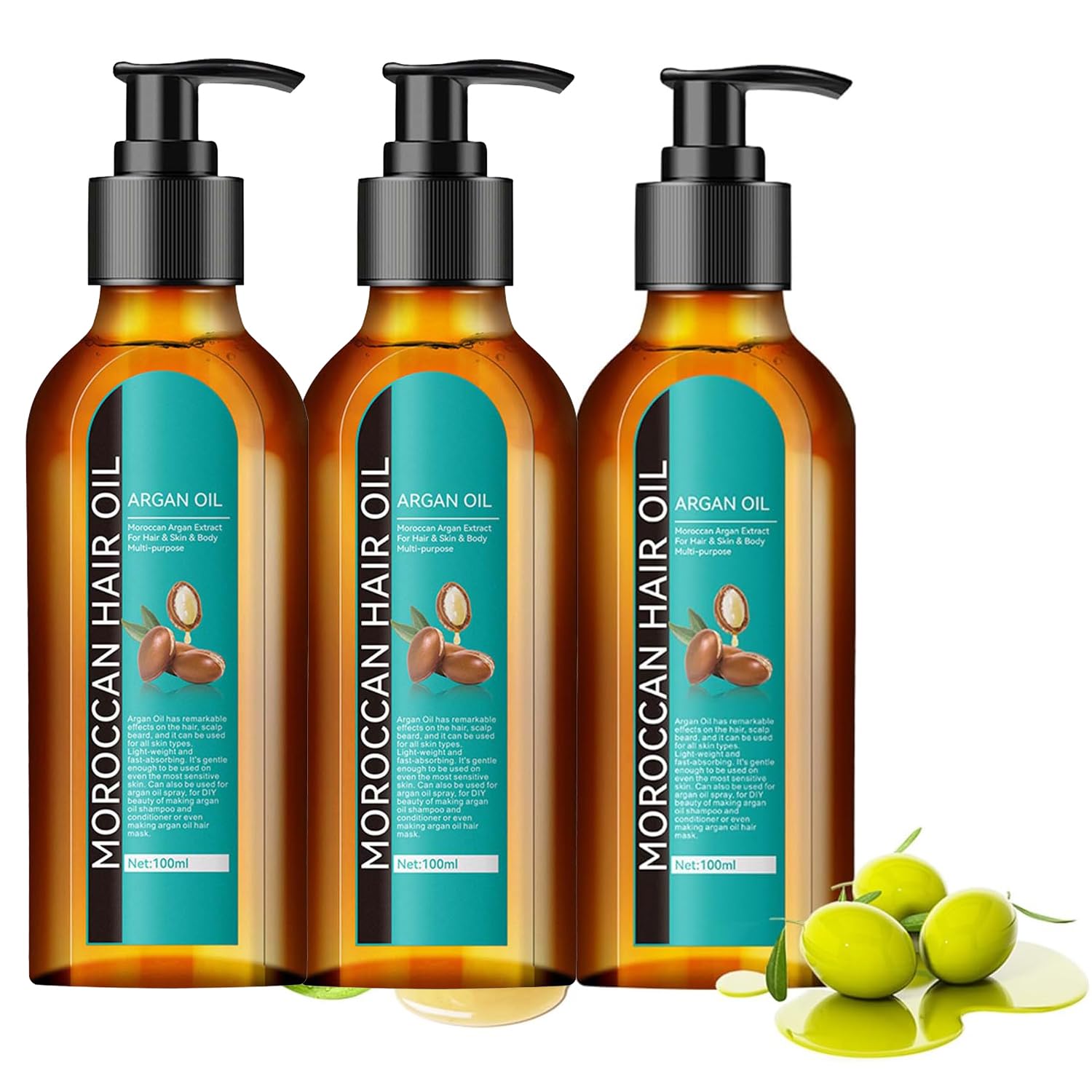 Woranb Moroccan Hair Oil 100 ml, Intensive Hair Oil with Argan Oil from Morocco, Moroccan Hair Care Oil, Natural Care for Dry & Damaged Hair, Minimises Split Ends, Shiny (100 ml, 3 Pieces)