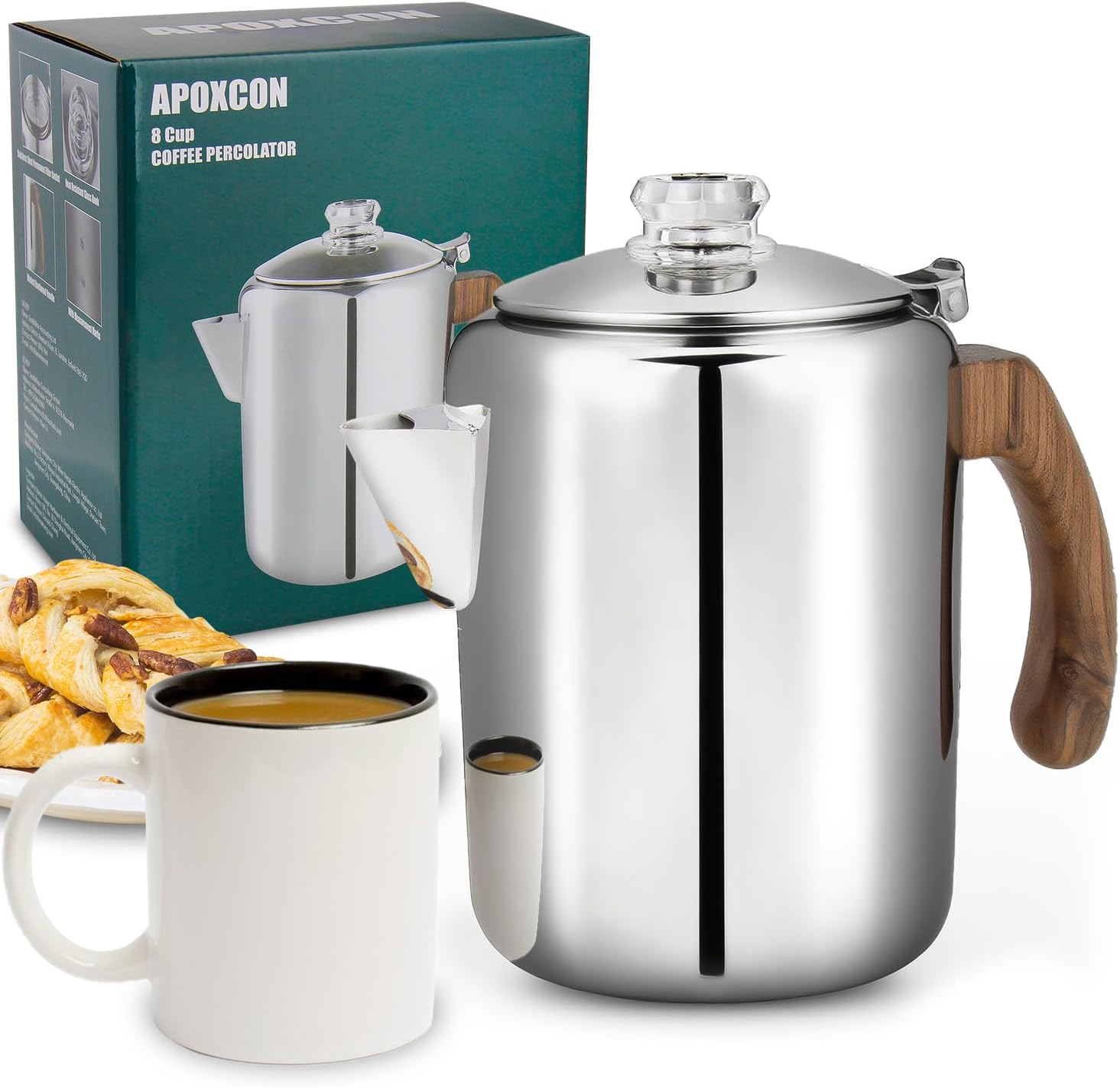 APOXCON Stainless Steel Coffee Percolator Jug with Durable Glass Knob and Treated Solid Wood Handle and Drip Free Spout Camping Coffee Pot Use on Any Stove No Aluminum