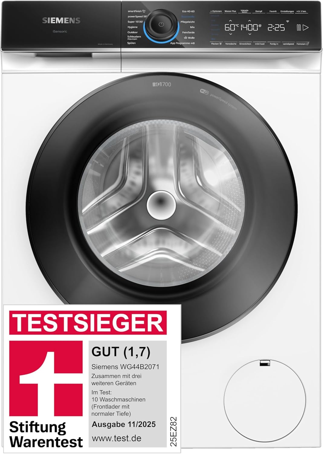Siemens WG44B2071, Stiftung Warentest test winner, iQ700, smart washing machine 9 kg, 1400 rpm, made in Germany, quick washing with speedPack XL, anti-stain system, smartFinish for fewer wrinkles