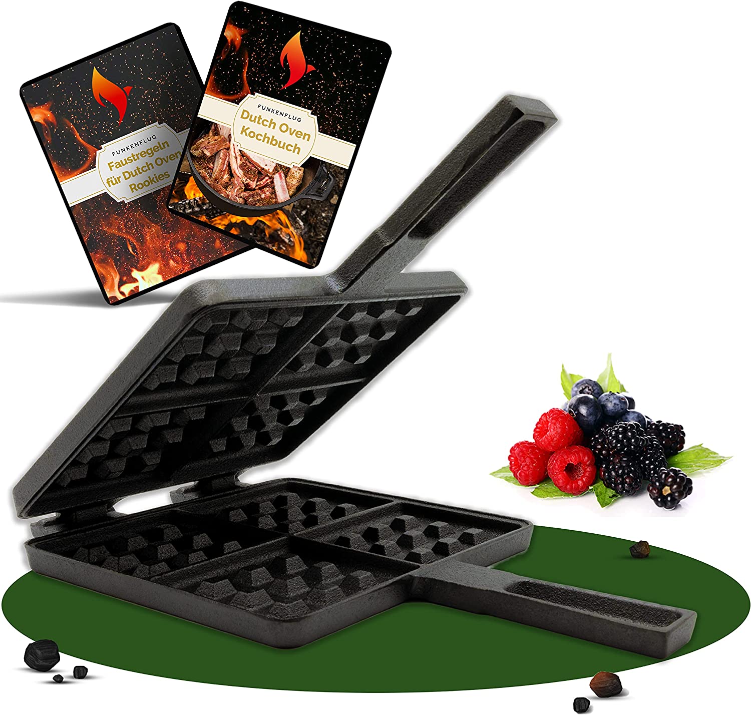 Funkenflug® Cast Iron Waffle Iron with Short Handle – The Sweet Sin at the Campfire, Grill & Stove – Cast Iron Waffle Iron Both Halves Separable & Baked With Natural Vegetable Oil