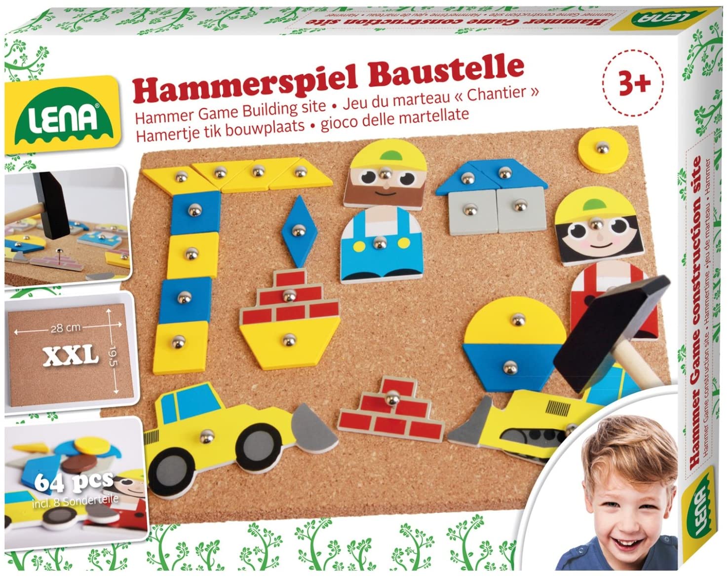 Lena 65828 Hammering Game, Building Site Game, Nail Game with 64 Pieces in 7 Shapes and 8 Building Site Parts, Cork Base Plate, Approx. 28 x 19.5 cm, hammer and nails, hammering game for children over 3 years