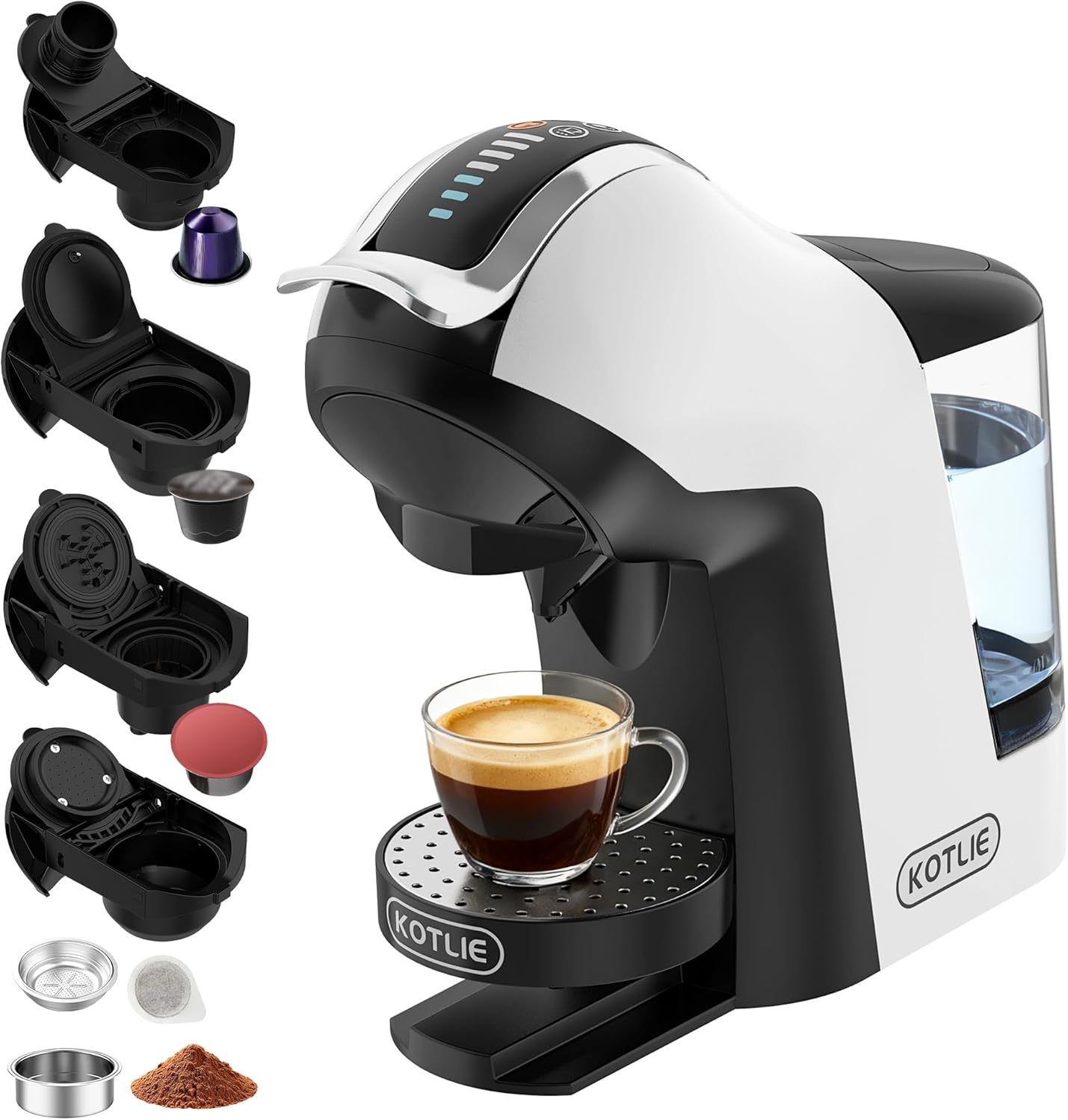 KOTLIE Store KOTLIE 5-in-1 Capsule Coffee Machine 19 Bar, Multi-Capsule Machine for Nespresso/Dolce Gusto/ESE Pads (44 mm)/Coffee Powder, 1 L Water Tank, 3 Temperatures/7 Water Quantities, Cream White
