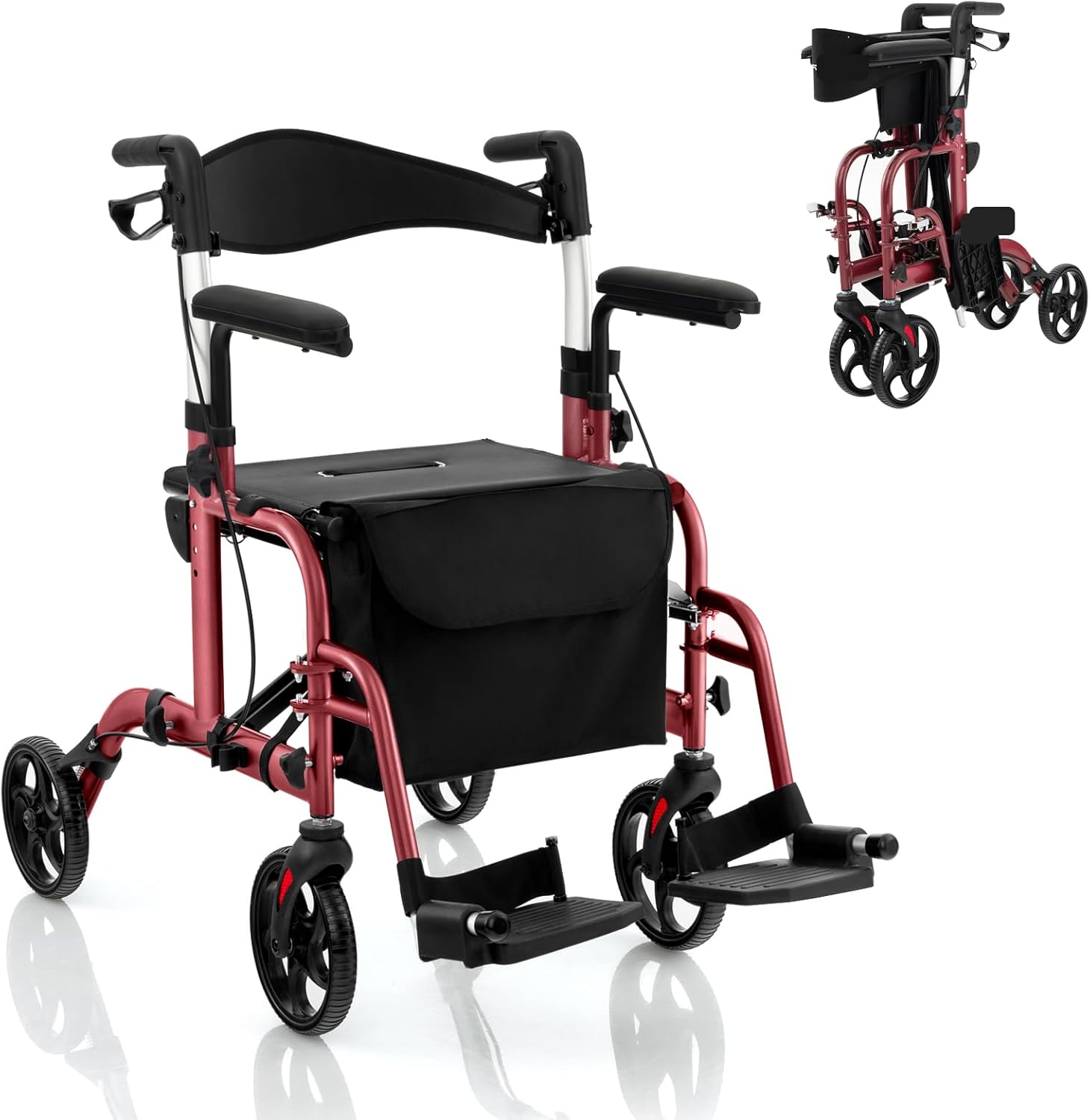 HOMASIS 2-in-1 Wheelchair Rollator Foldable & Lightweight with Seat, Walking Aid 6 Positions Height Adjustable, Aluminum Walker up to 136 kg, Travel Rollator with Stick Holder Bag & Brake, Walking