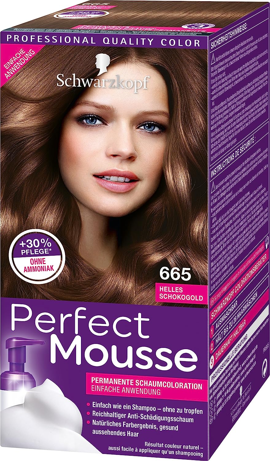 Schwarzkopf Perfect Mousse Permanent Foam Color 665 Light Chocolate Gold Level 3 Pack of 3 x 93 ml