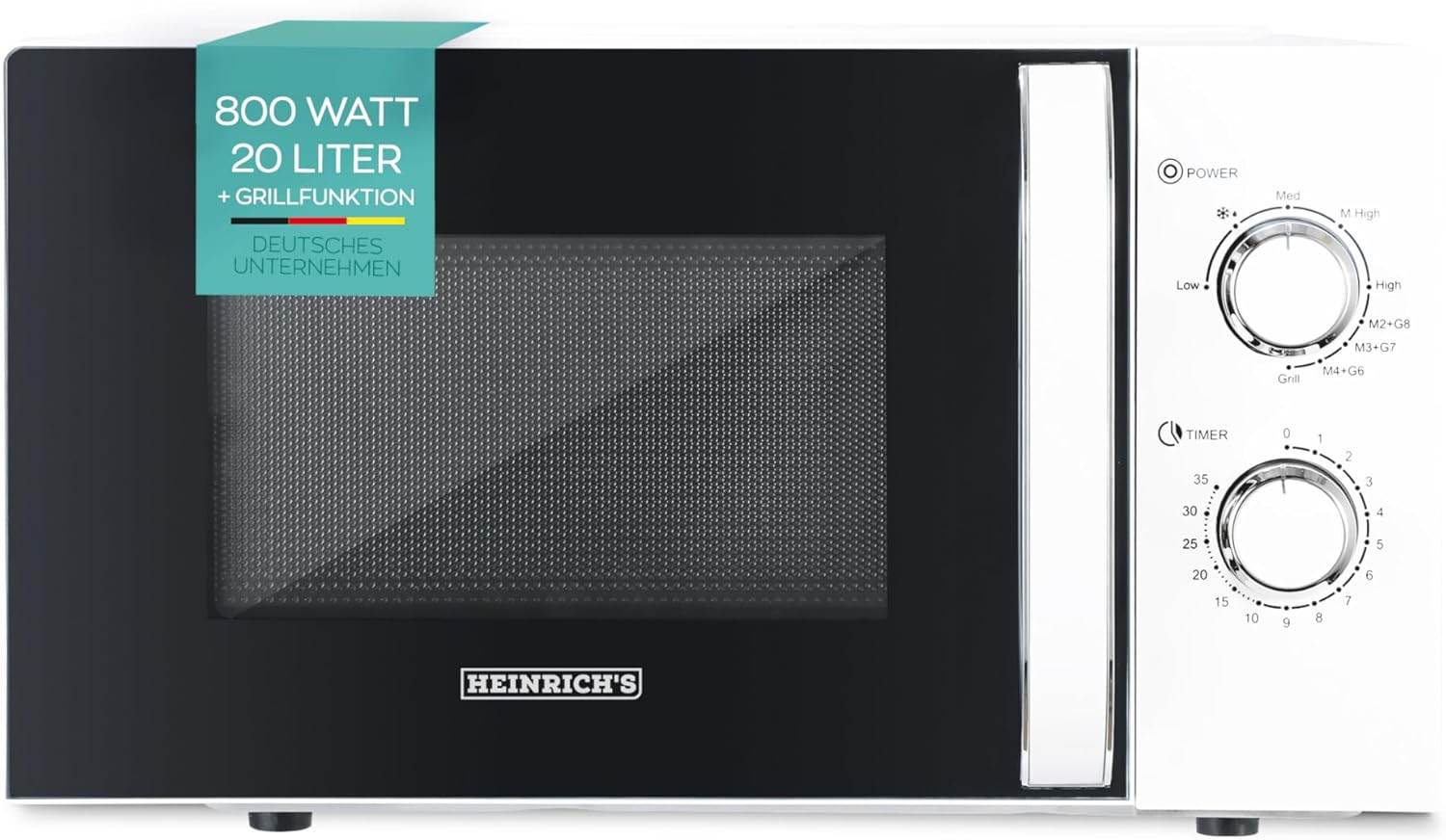 HEINRICHS Microwave, Compact Microwave, 20 L Volume, 9 Power Levels, Includes 35 Minutes Timer, Defrost Function, Interior Lighting, 360° Turntable, with Grill Function, 800 W Power, Heinrich\'s