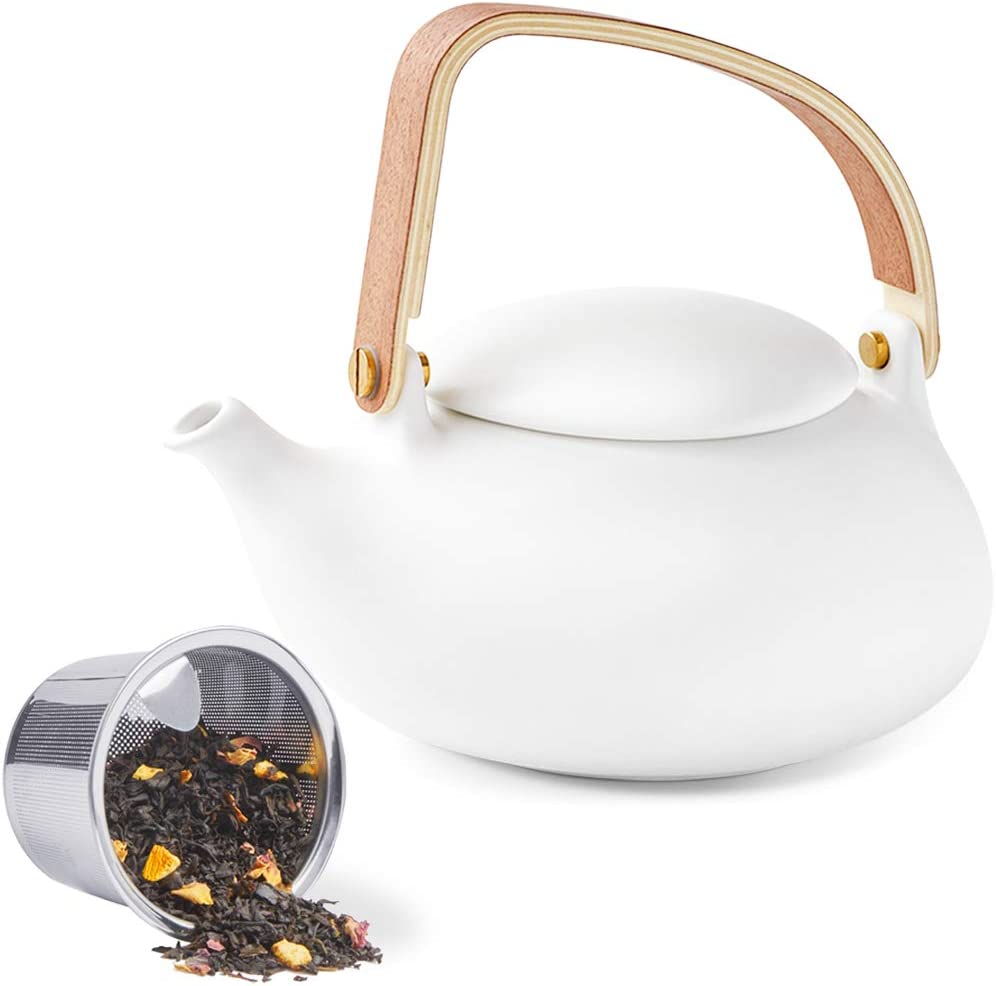 Zens Porcelain Teapot for Loose Leaves, Flower Tea Bags, Herbal Tea, White Grey