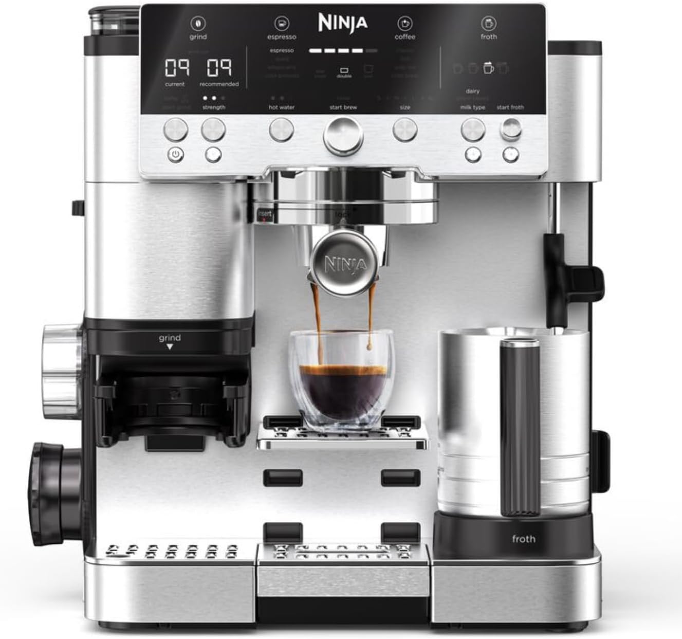 Ninja Luxe Premier ES601EU 3-in-1 Coffee Maker with Grinder and Frother for Latte, Cappuccino, Cold Brew & Espresso, Easy to Use, 4 Presets for Frothing, Silver