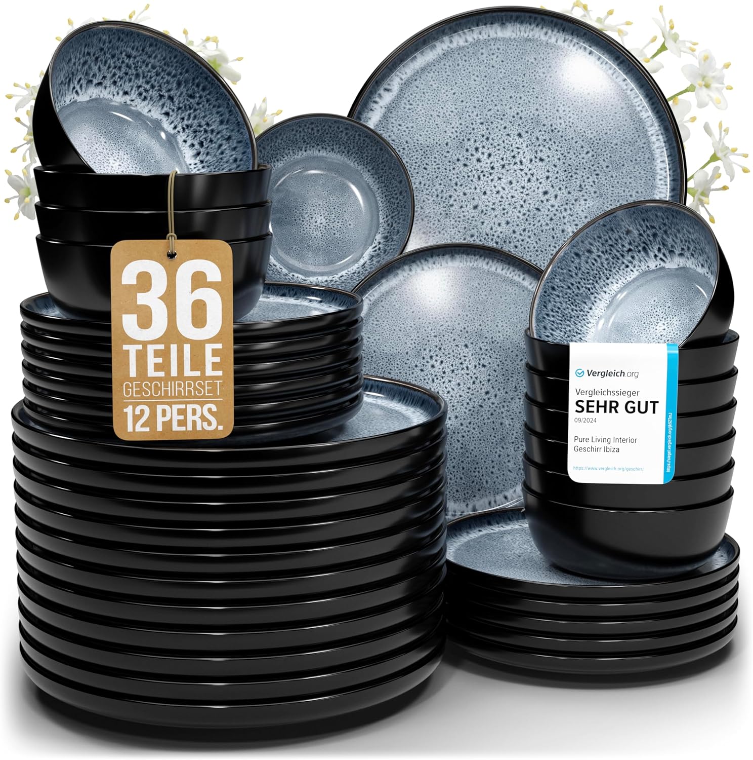 Pure Living Ibiza Stoneware Crockery Set for 12 People, 36-Piece Mediterranean Stoneware Tableware Set, ‘Very Good’ in Test, Bowl and Plate Set, Dinner Service for 12 People, Smoke Blue