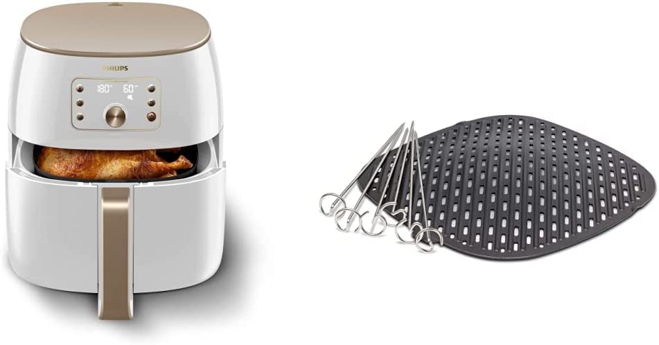 Philips Domestic Appliances Philips Premium Airfryer XXL - Airfryer without Oil, Smart Sensing Technology, 2225 W, White, HD9870/20 & Philips Grill Kit HD9951/00 Grill Grate & Skewers for Philips Airfryer XXL, Grey, Silver