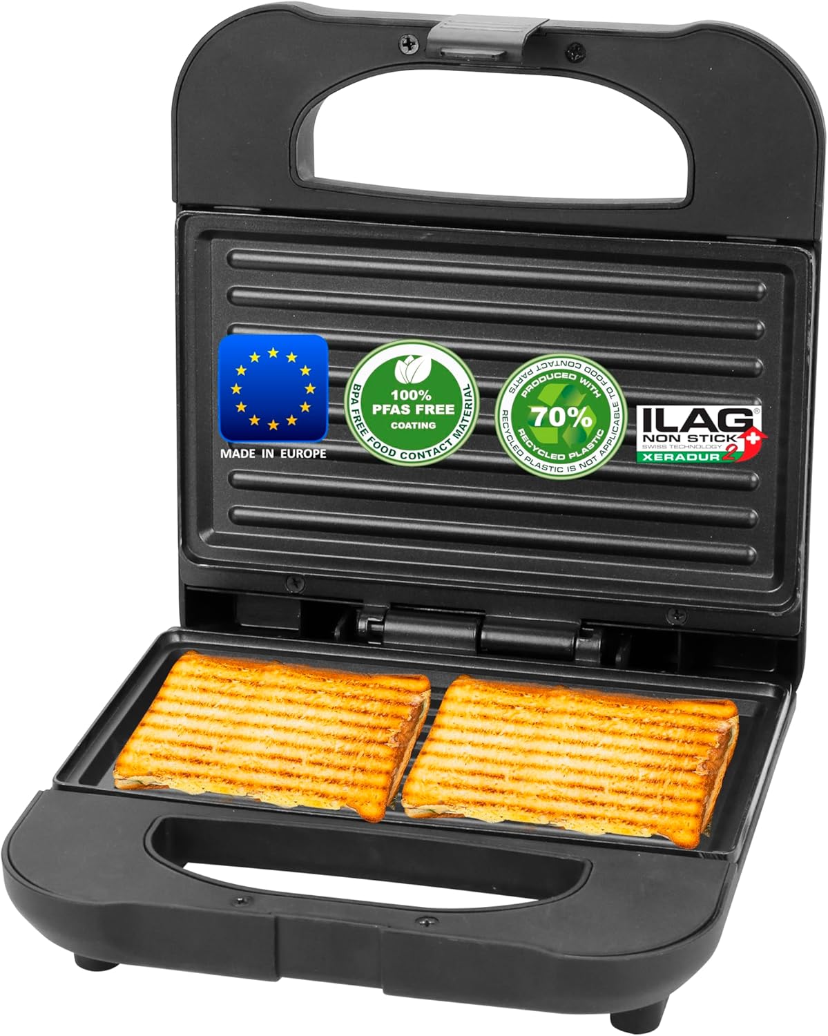 Emerio Sandwich Maker, Panini Grill, Made in Europe, BPA and PFAS-free Non-Stick Coating by Ilag (Xeradur 2), Made from Approx. 70% Recycled Plastic, Very Sustainable, 700W, ST-130038