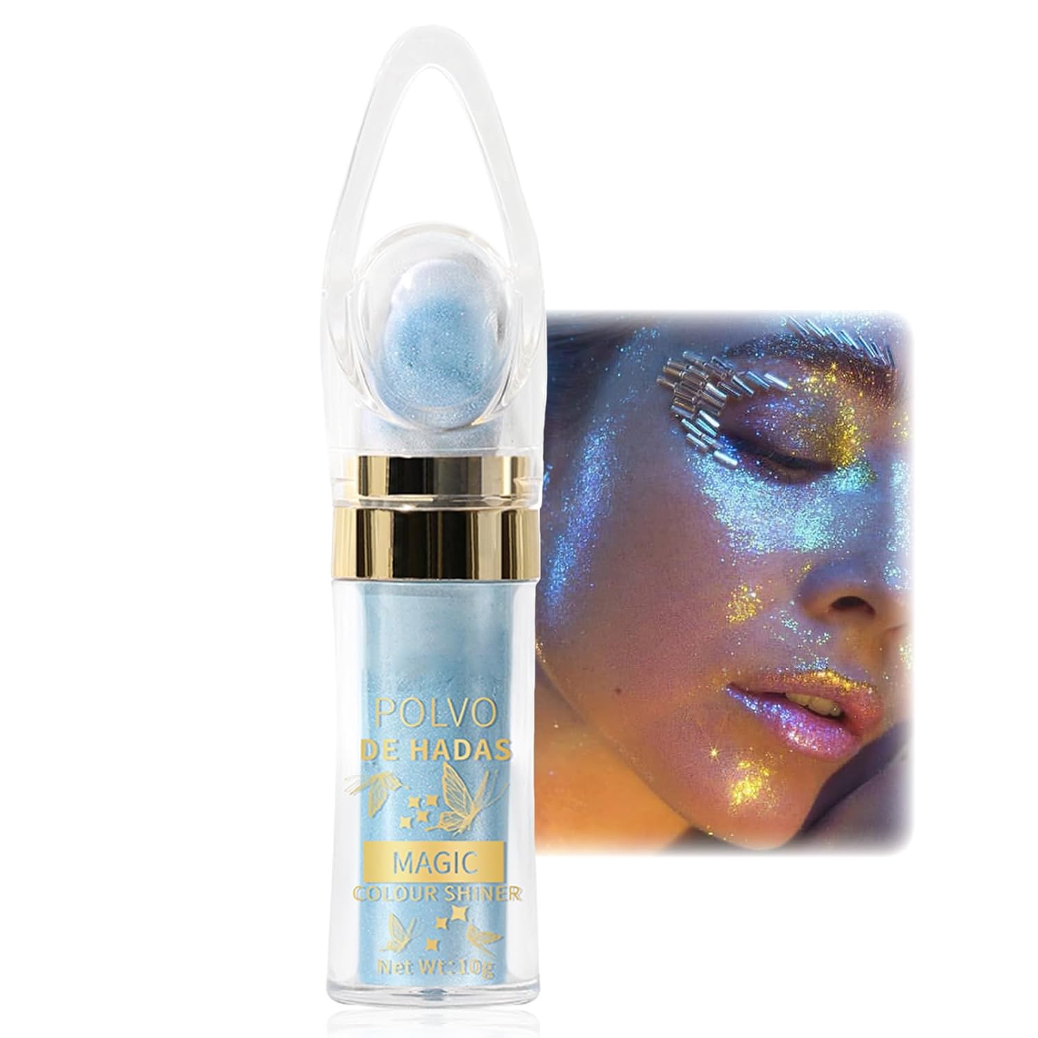EONFAVE Highlighter Powder Stick, Polvo De Hadas Highlighter Patting Stick for Face/Hair/Body, Waterproof Blue Fairy Glitter Patting Powder with Fine Shimmer, Glowy Body Glitter High Gloss Make Up Powder