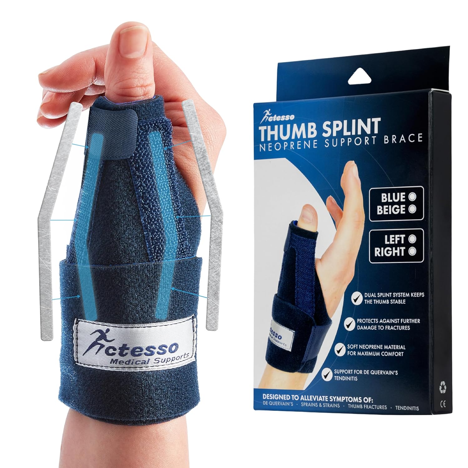 Actesso Bleu Thumb Splint – Orthosis for Sprain, De Quervain and Tendonitis – One Size, Left or Right Right
