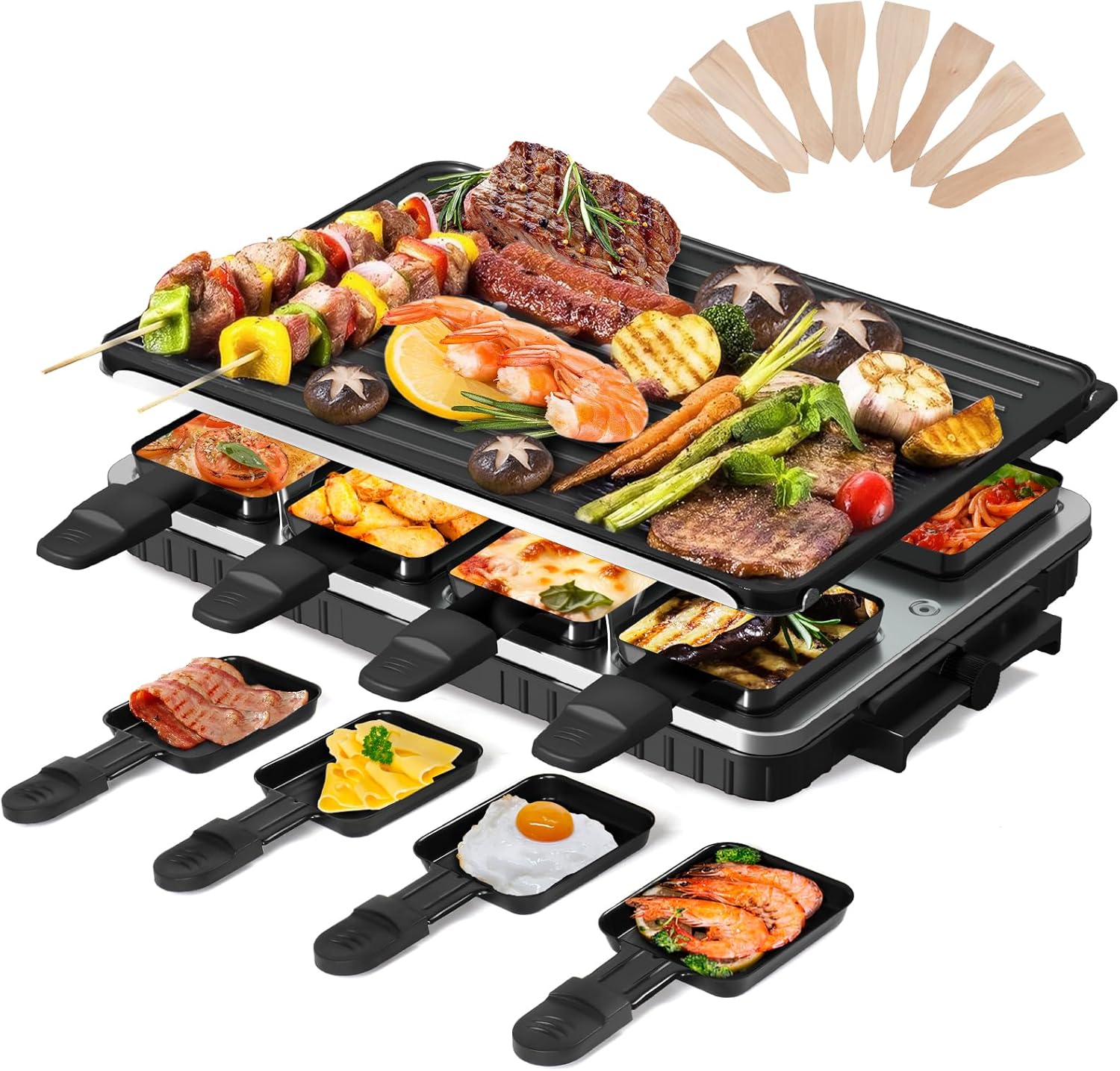 2-in-1 Raclette Grill 8 People Electric Table Grill Non-Stick Coated Reversible Grill Plate Electric Grill Smokeless Raclette with 8 Mini Raclette Pans & 8 Scrapers Dishwasher Safe 1300 W