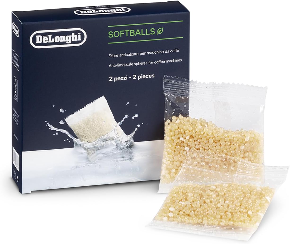 De\'Longhi SoftBalls DLSC551 - Anti Limescale Balls Suitable for Coffee Machines with Water Tank, Limescale Cleaner & Water Softener Accessories by De\'Longhi 2 Bags, White