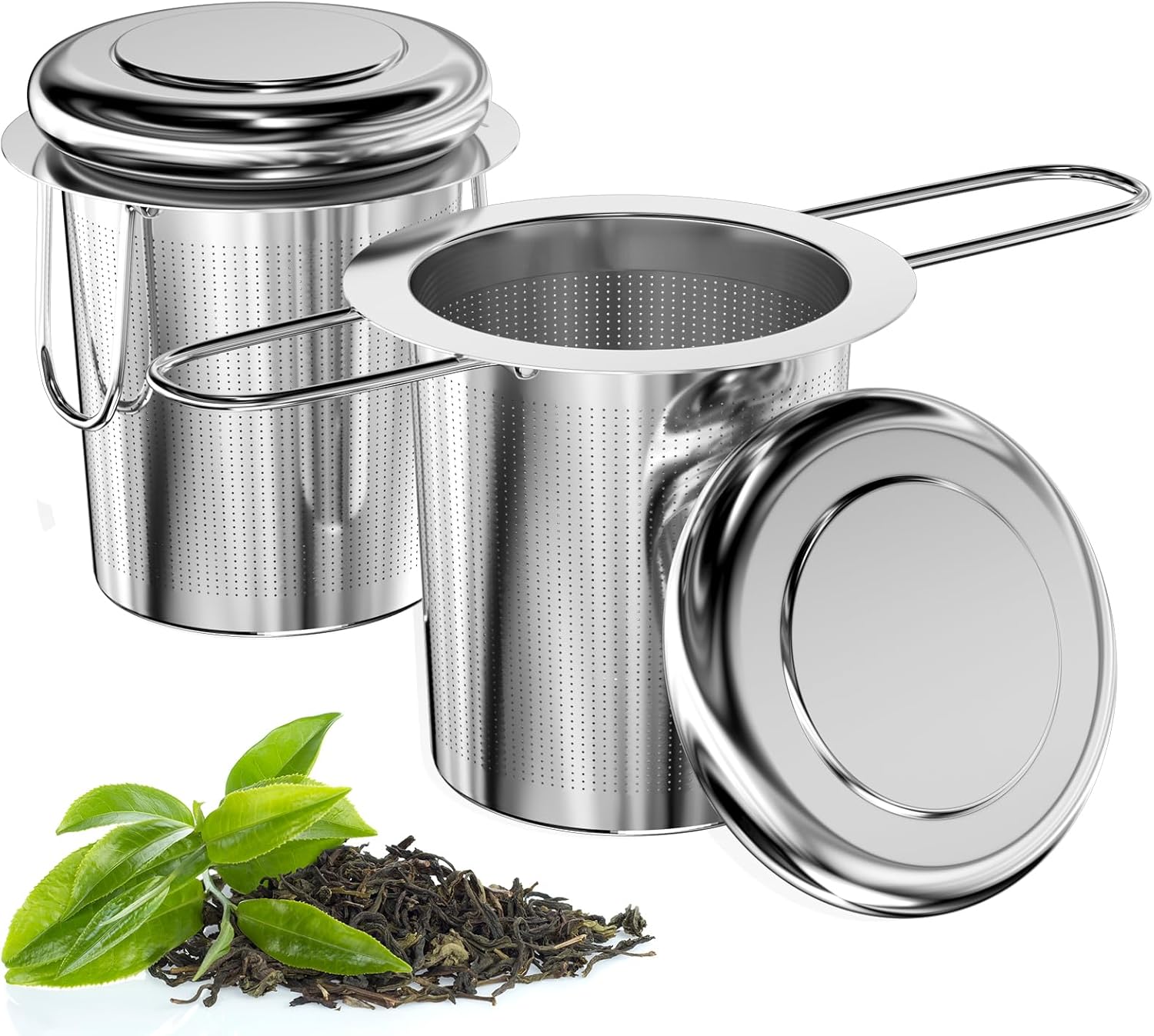 Pack of 2 Tea Strainer for Loose Tea, Tea Filter, 304 Stainless Steel with Foldable Handle and Lid, Reusable Tea Strainer, Fine Mesh Tea Infuser, Tea Strainer for Most Tea Cups, Tea Bowls