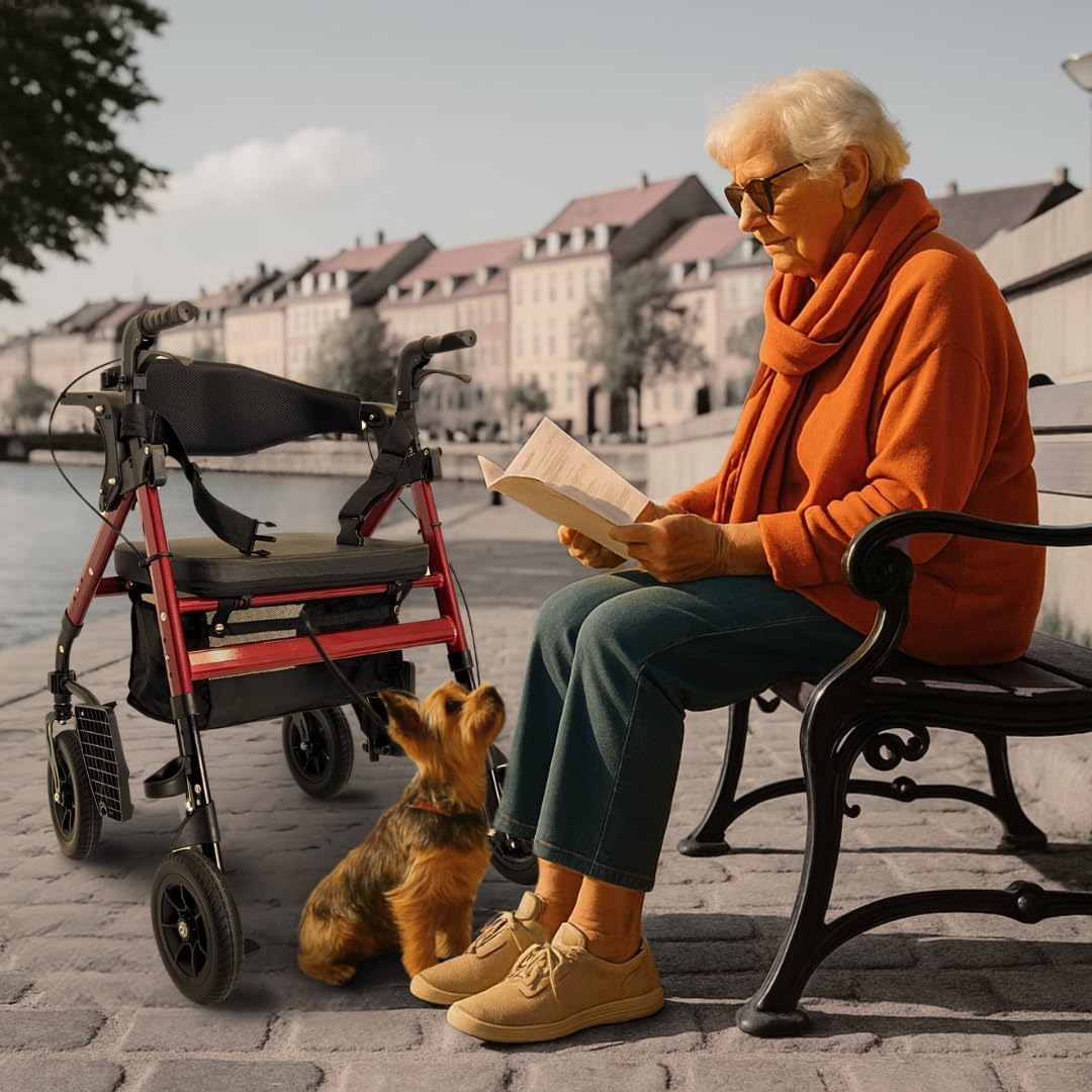 abc HOME Outdoor Rollator with Seat & Footrests - Foldable Premium Aluminum Rollator | Red, Adjustable, Ergonomic Backrest - Walking Aid & Transport Chair Combination