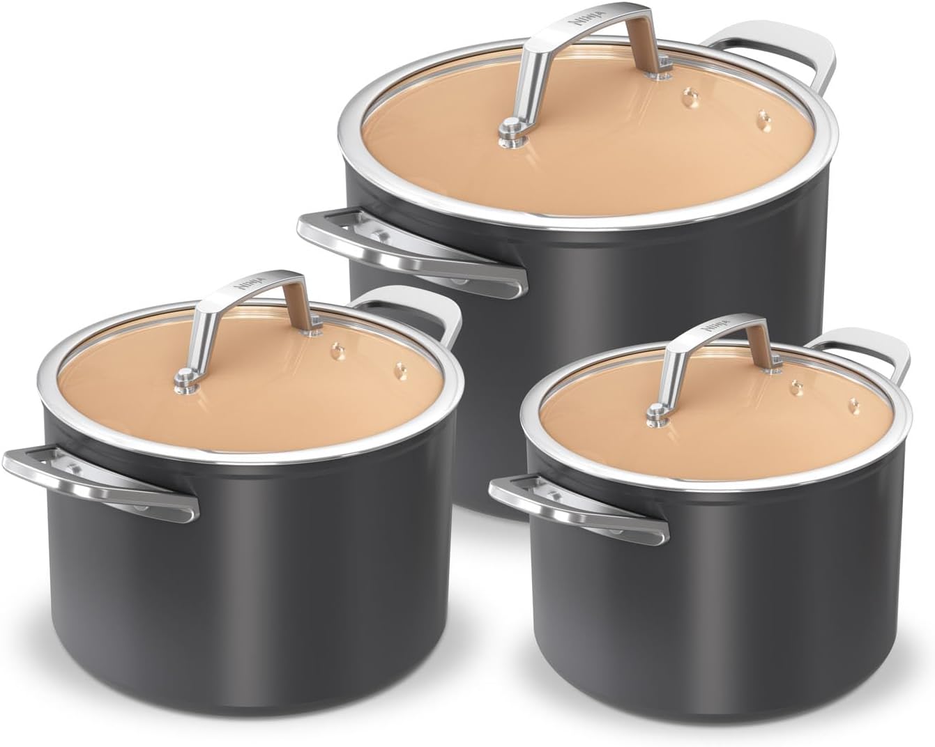 Ninja Extended Life CW9300DE 3-Piece Ceramic Saucepan Set (16, 18 & 20 cm Pot), Non-Stick Coating (No PFAs, PFOAs, Lead, Cadmium), Suitable for Induction, Oven Safe up to 285 °C, Terracotta & Grey