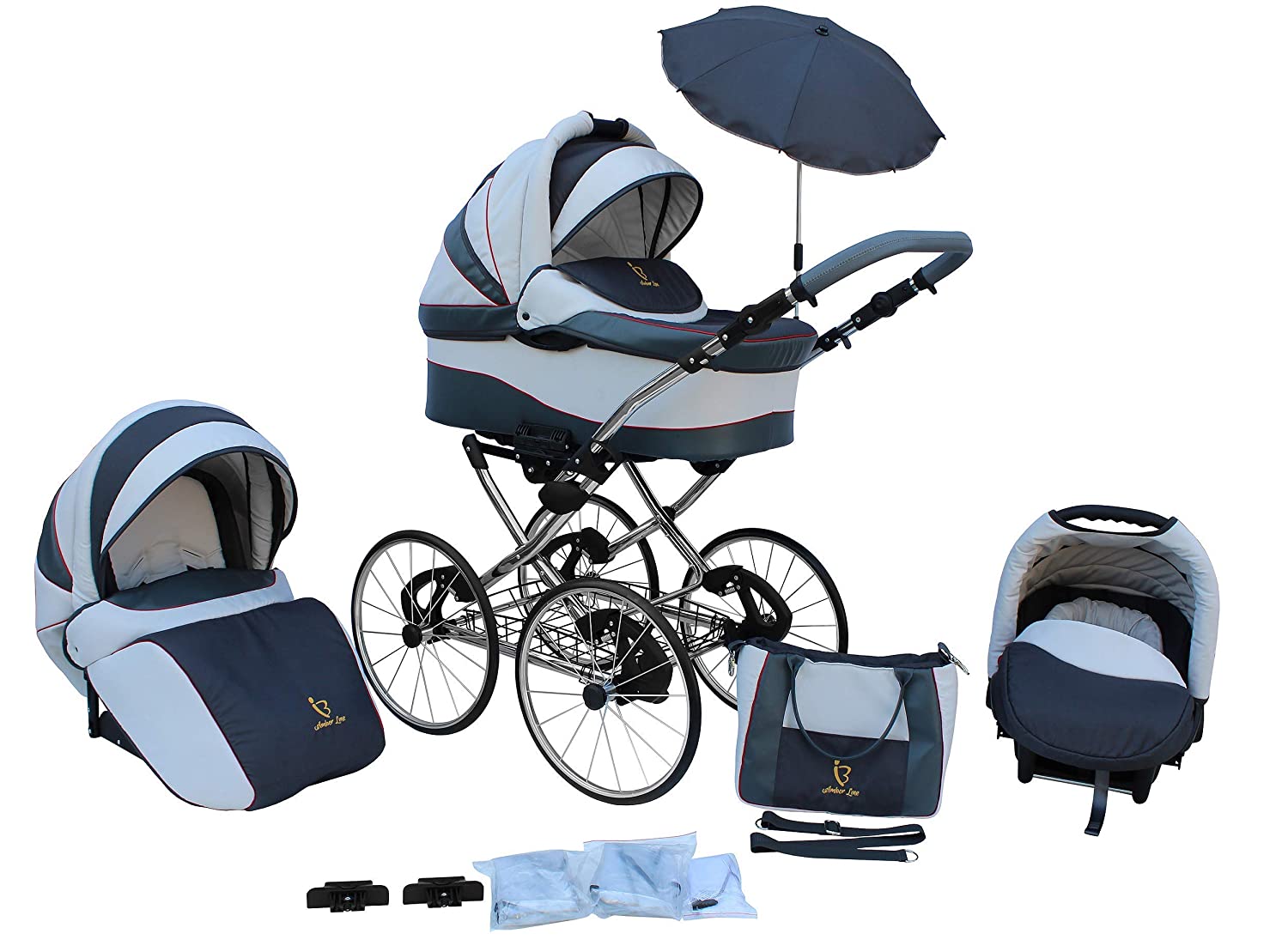 SKYLINE Classic Retro Style Combination Pram Buggy 3-in-1 Travel System Car Seat (Isofix) (Grey/17 Inch Hard Rubber Tyres)