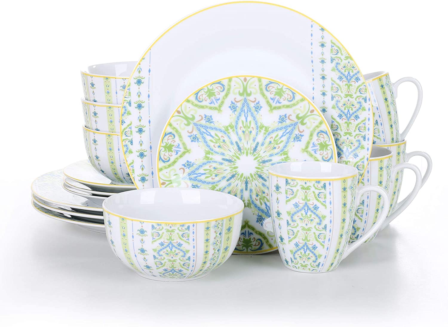 Veweet 32-piece Porcelain Dinner Set, 16-piece Crockery Set includes 10.75 inch (27 cm) Dinner Plate, 7.5 inch (19 cm) Dessert Plate, 5.5 inch (14 cm) Bowl and 380 ml Coffee Mug, Complete Service for 4/8 People