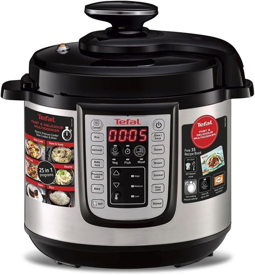 Tefal CY505E30 Fast & Delicious Multicooker Electric Pressure Cooker 1200W 25 Automatic Programs Manual Mode Includes Recipe Steamer 6L Metal