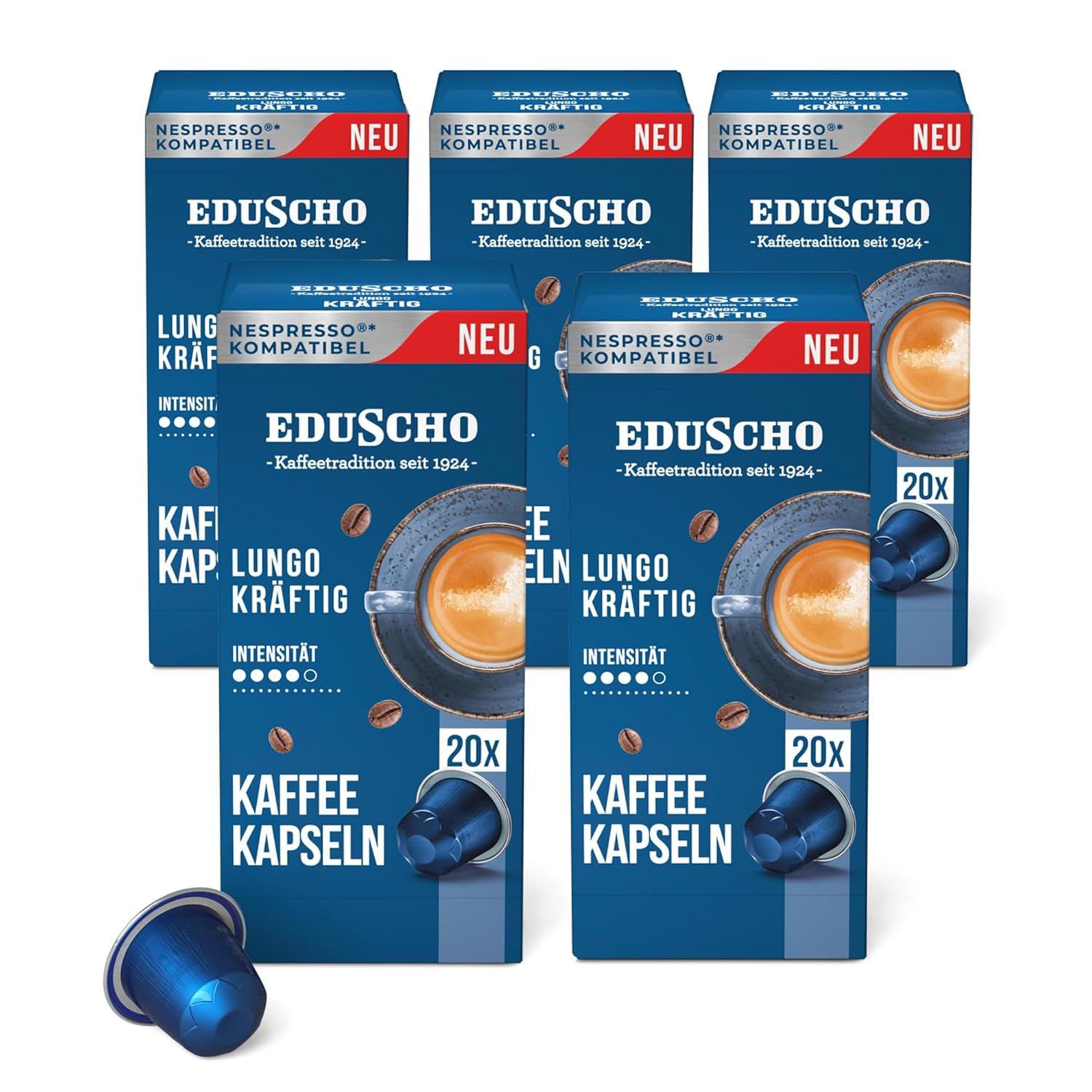 Eduscho Store Tchibo Eduscho Storage Box Lungo Strong Coffee Capsules, Pack of 100 (5 x 20 Coffee Capsules), Compatible with Nespresso, Medium Roasting, Aromatic and Full-bodied Taste, Sustainable & Fair Trade
