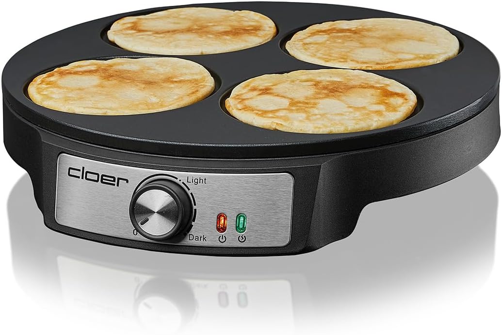 Cloer 6625 Pancake Maker Mini Pancakes for 4 Small Pancakes 11 cm Diameter 1200 W Non-Stick Coating Includes Pancake Spatula Black