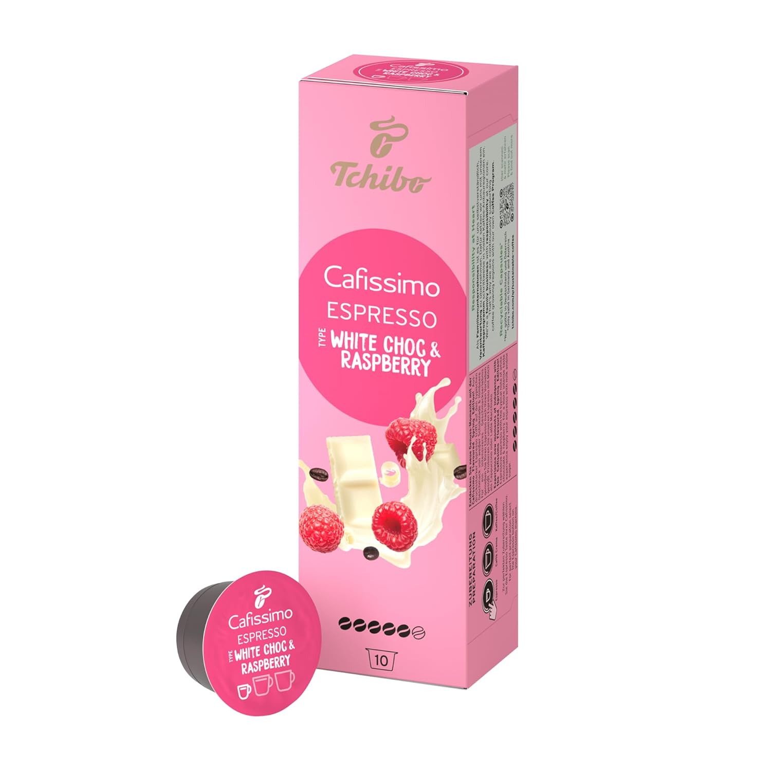 Tchibo Cafissimo Espresso Raspberry White Choc Coffee Capsules - Pack of 10 (Espresso Flavor of White Chocolate & Raspberry) Sustainable & Fair Trade Limited Edition