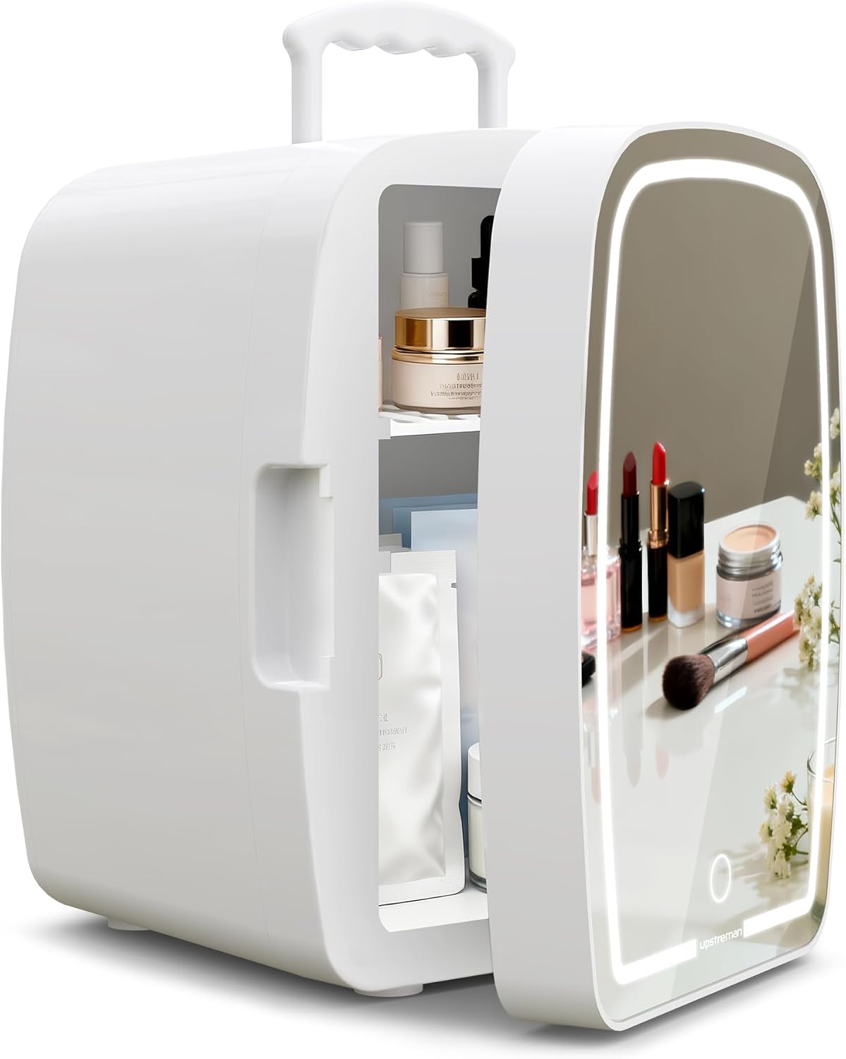 Upstreman 6L Mini Cosmetic Fridge with Heat Function for Makeup, Drinks, Bottles, 3 Levels LED Lighting, Quiet & Portable Beauty Fridge for Bedroom, Office, Dorm