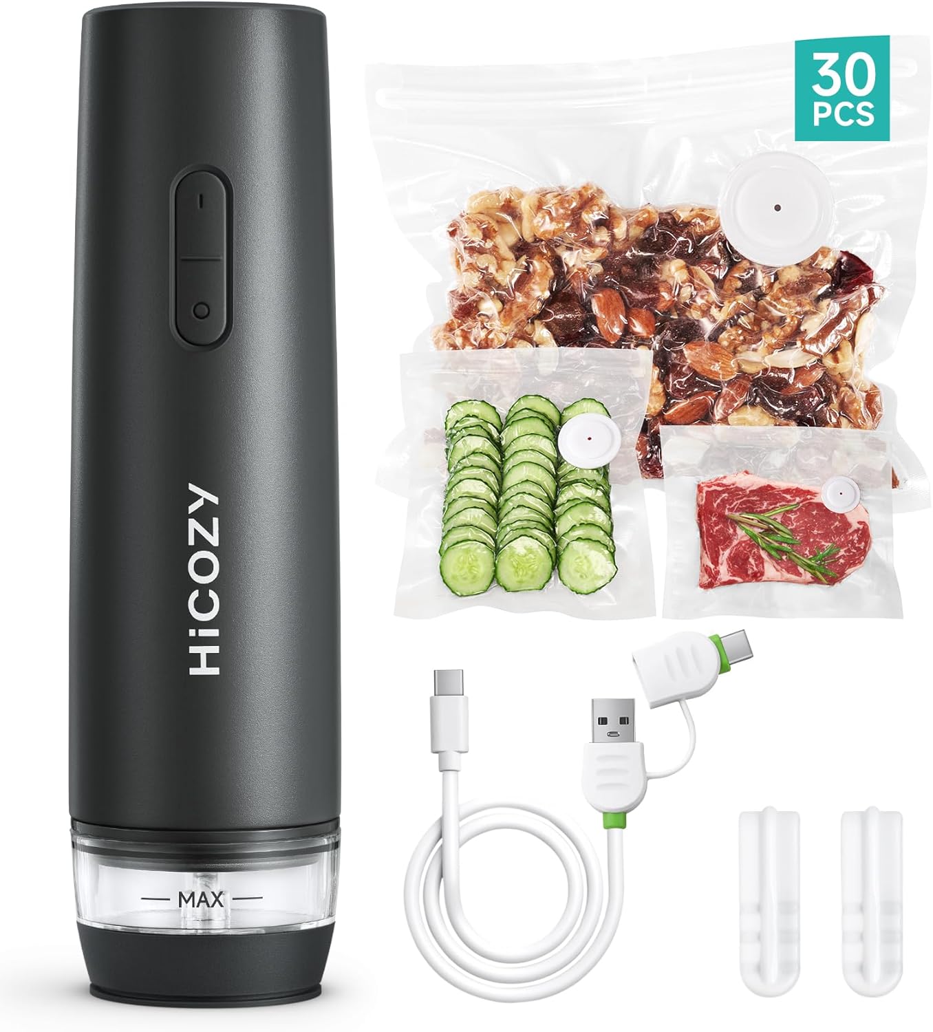 HiCOZY Vacuum Sealer for Food, Vacuum Sealer with Visible Water Tank, Compact Handheld Vacuum Sealer with 30 BPA-Free and Reusable Bags, Fresh Seal at the Touch of a Button, Grey