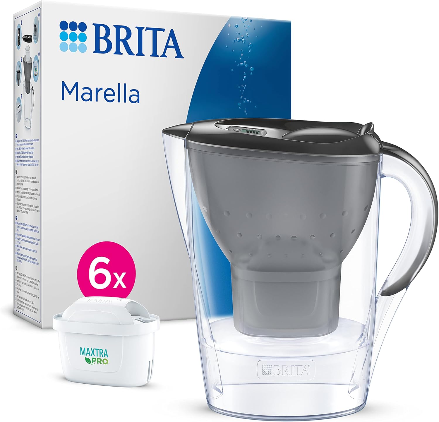 BRITA Marella Water Filter Jug Graphite (2.4 L) Including 6x Maxtra Pro All-in-1 Cartridge (Half Year Package) - Water Filter Reduces Limescale, Chlorine, Lead, Copper & Taste-Disturbing Substances in