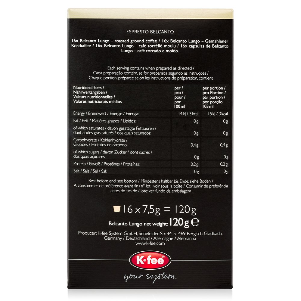 ESPRESTO Coffee Capsules Belcanto - Lungo Intensity 4/12, Compatible with K-fee, RFA Certified, 96 Capsules (Pack of 2)