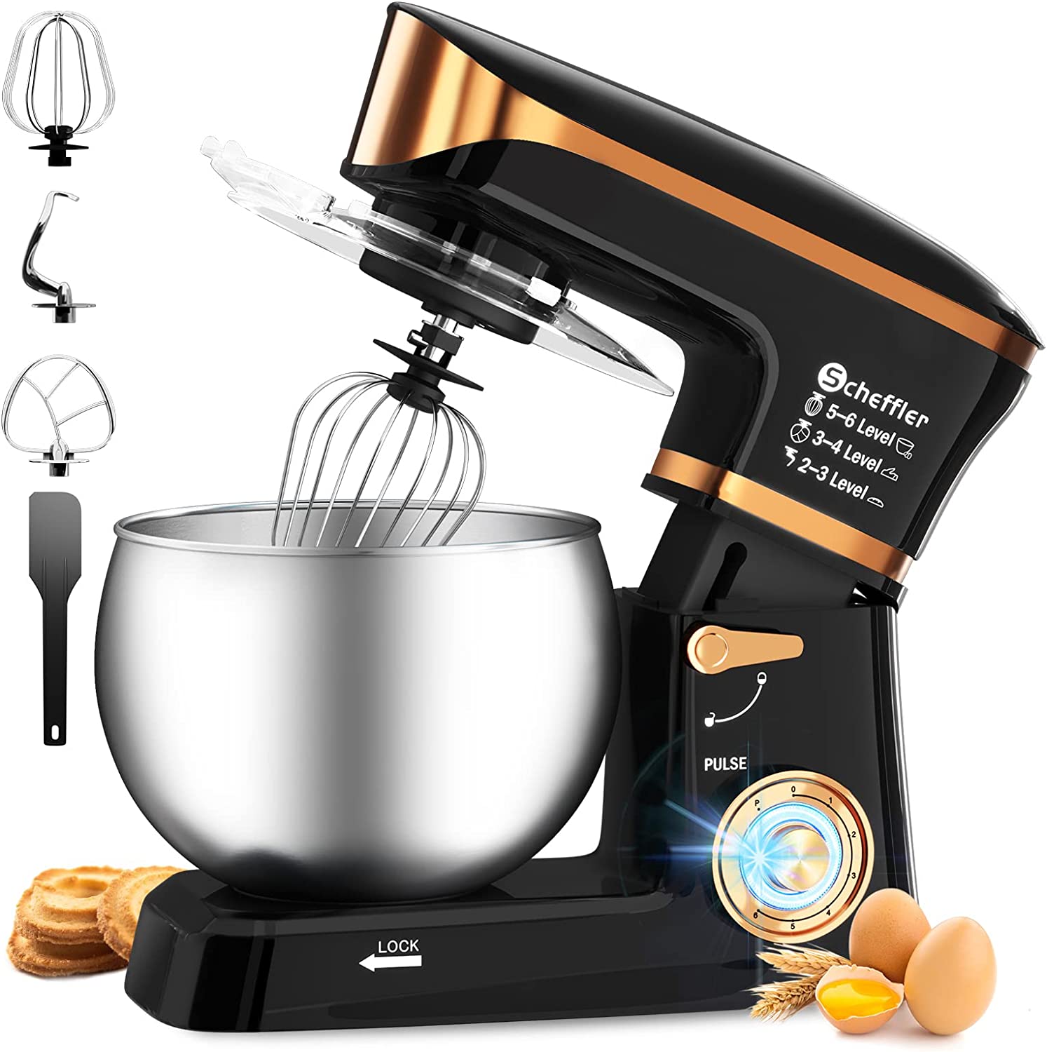 Scheffler Food Processor 2000 W Kneading Machine, 6 L Food Processor XL, Dough Machine, 6 Speeds, 8 Other Accessories Included, Dough Hook, Flat Stirrer, Whisk (6l-Black + Gold)