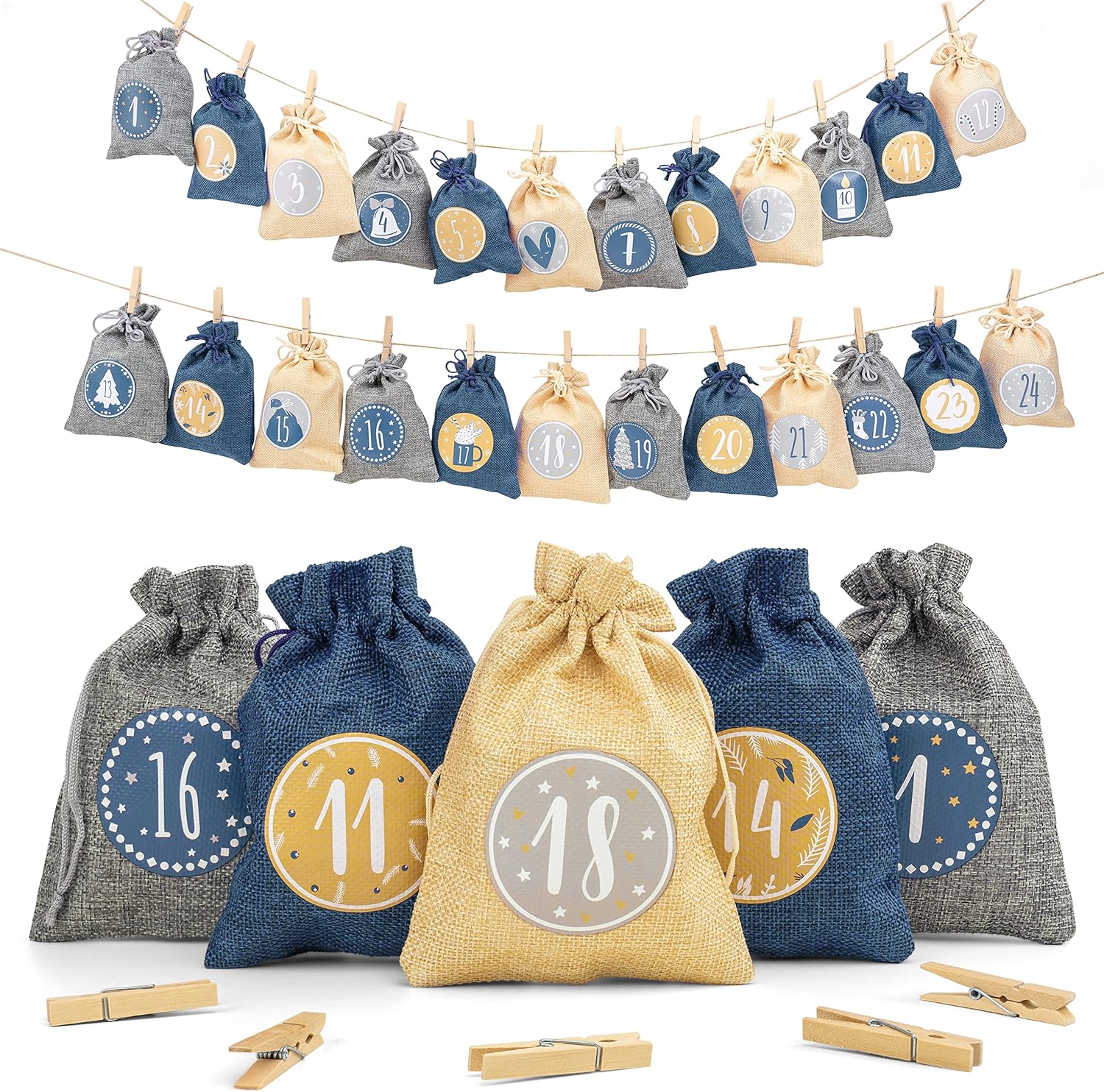 Adventi Advent Calendar for Filling [Pack of 24] Christmas Calendar 2023 Jute Bags 15 x 12 cm Large, Christmas Decoration Bags / Bags, Gift Bags Christmas with Individual Designs (Blue)