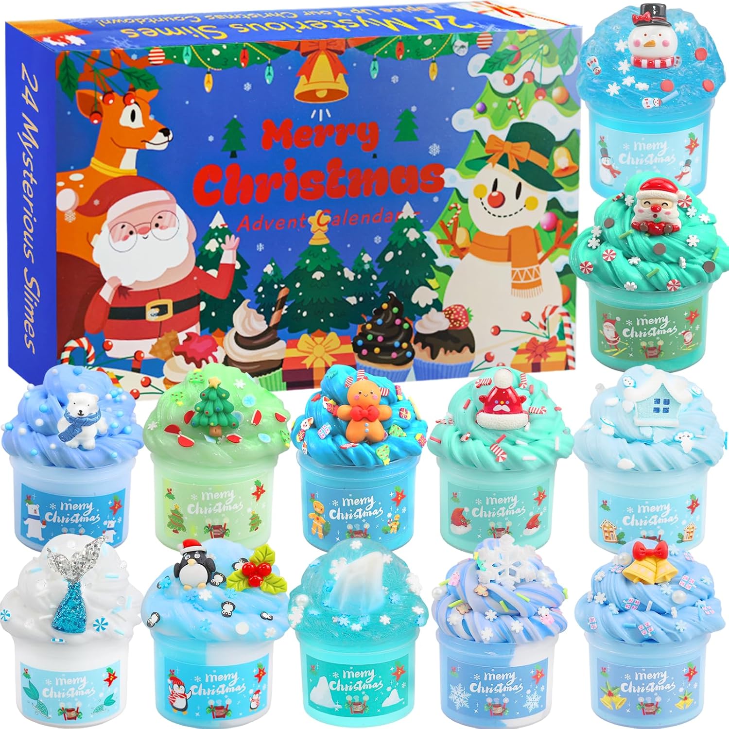 Slime Advent Calendar 2025 for Children, 24-Day Countdown Slime Christmas Calendar Children with 12 Slimes and 12 Cool Accessories, Christmas Surprises Gift for Years, Boys, Girls (Blue)